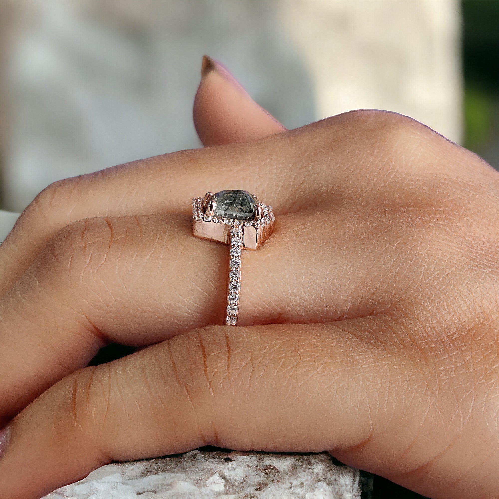 Coffin Cut Salt And Pepper Diamond Ring 1.03 Ct 6.30 MM Coffin Diamond Ring 14K Solid Rose Gold Silver Engagement Ring Gift For Her QL7466