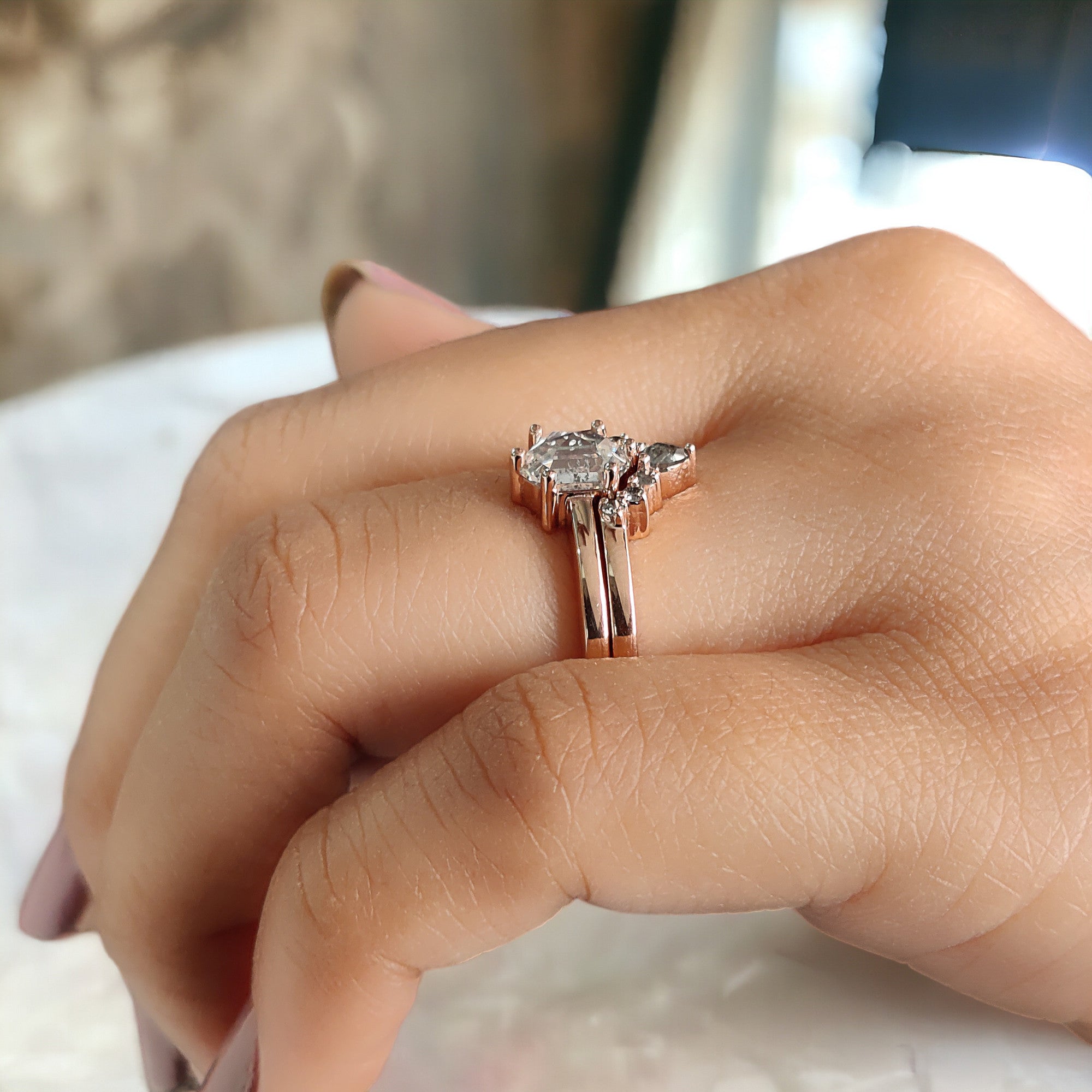 Hexagon Cut Salt And Pepper Diamond Ring 1.00 Ct 6.90 MM Hexagon Diamond Ring 14K Solid Rose Gold Silver Engagement Ring Gift For Her QL2676