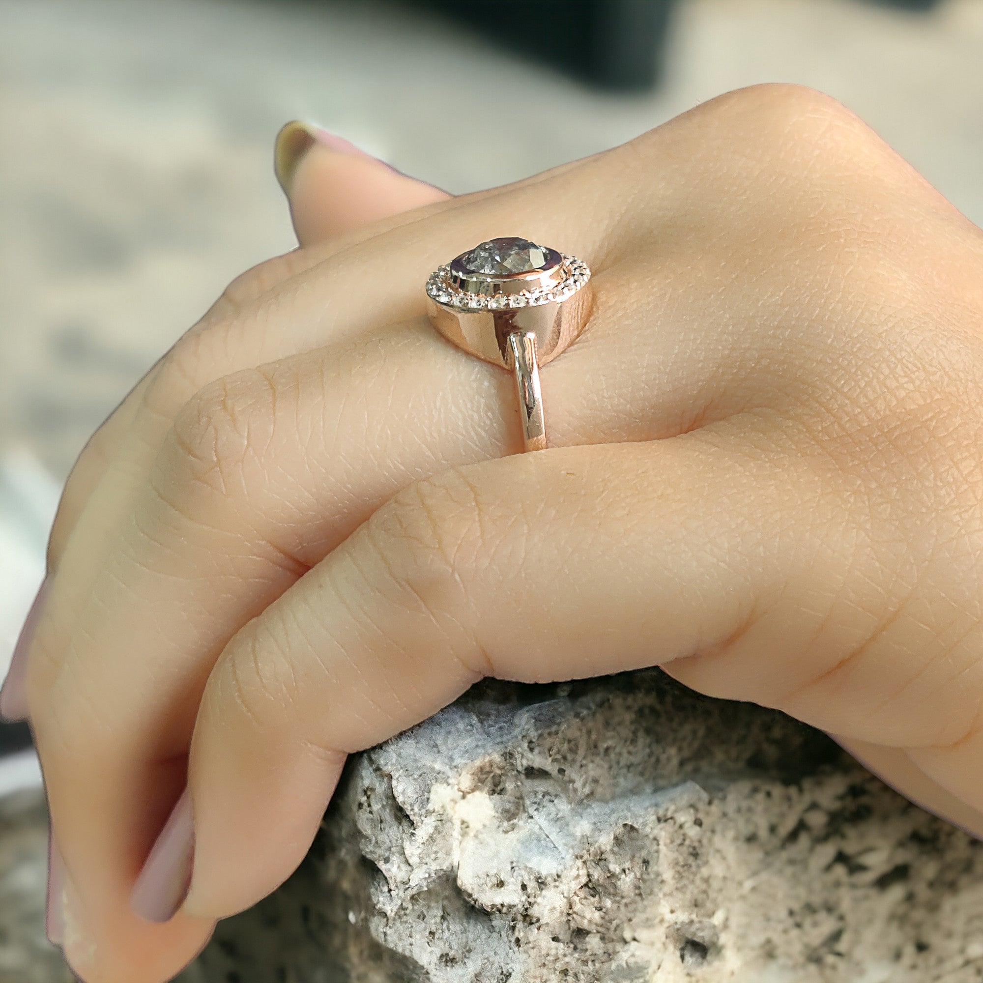 Round Cut Salt And Pepper Diamond Ring 1.11 Ct 6.14 MM Round Diamond Ring 14K Solid Rose Gold Silver Engagement Ring Gift For Her QL2606