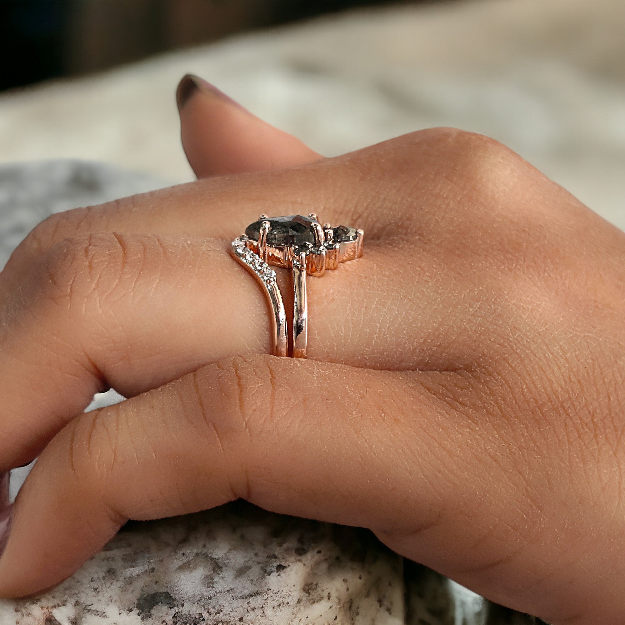 Pear Cut Salt And Pepper Diamond Ring 0.96 Ct 7.90 MM Pear Diamond Ring 14K Solid Rose Gold Silver Pear Engagement Ring Gift For Her QL1526