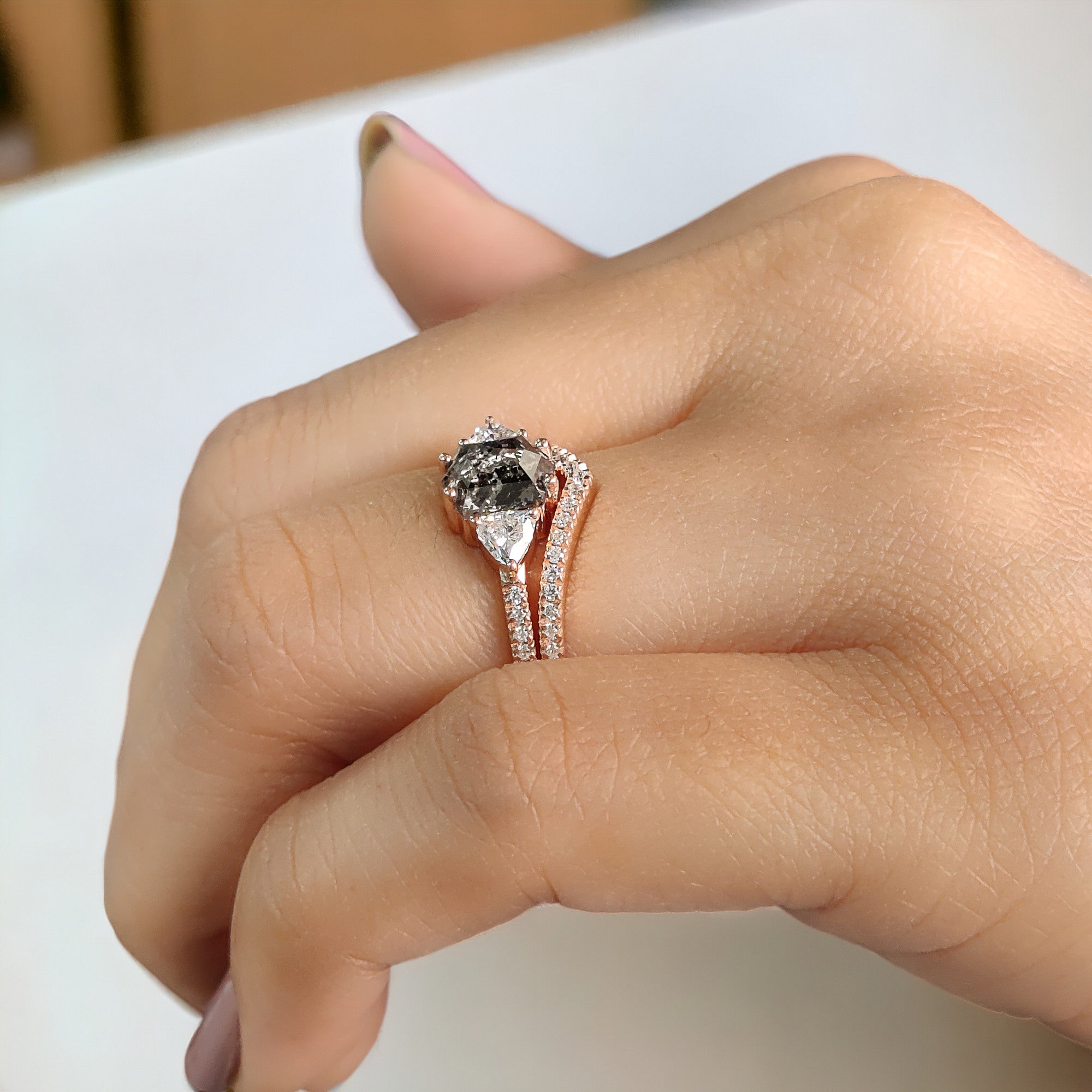 Hexagon Cut Salt And Pepper Diamond Ring 1.23 Ct 6.92 MM Hexagon Cut Diamond Ring 14K Rose Gold Silver Engagement Ring Gift For Her QL2743