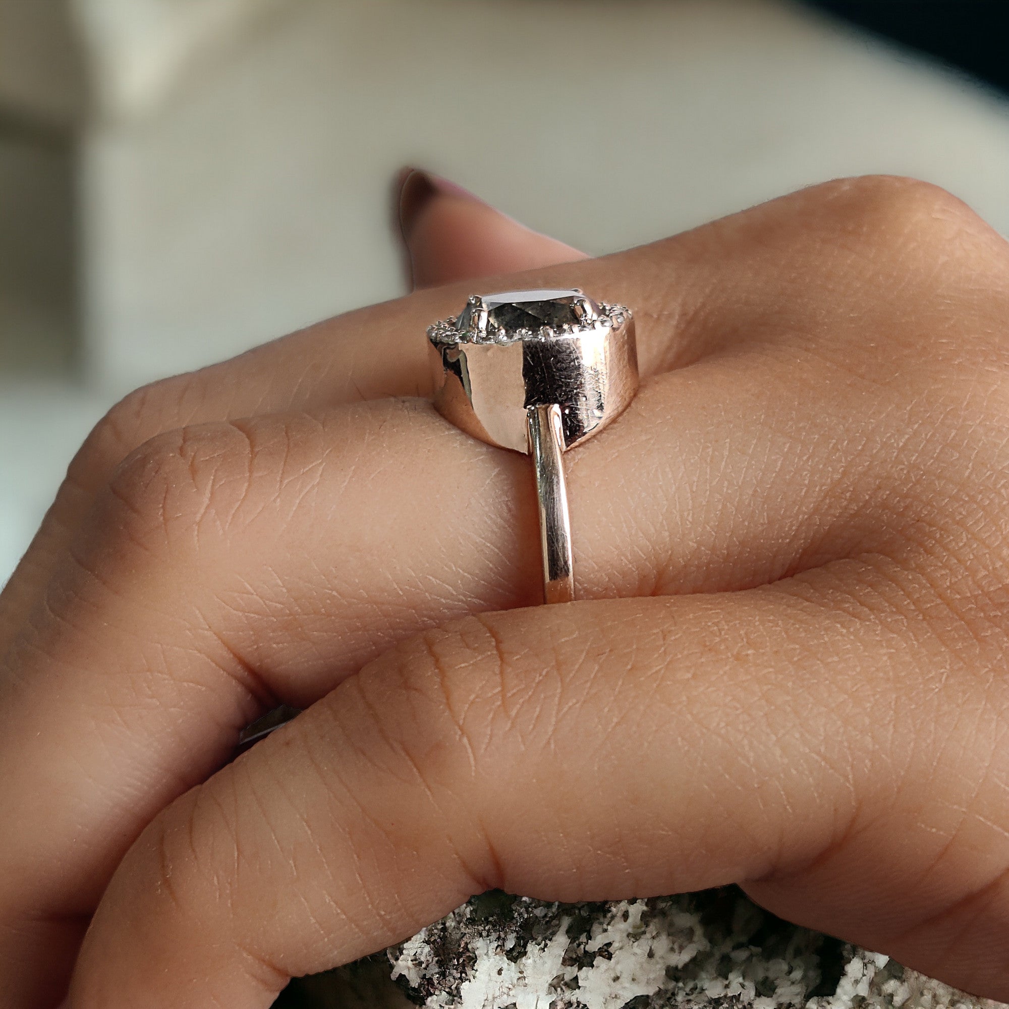 Round Cut Salt And Pepper Diamond Ring 2.43 Ct 8.20 MM Round Diamond Ring 14K Solid Rose Gold Silver Engagement Ring Gift For Her QL8553