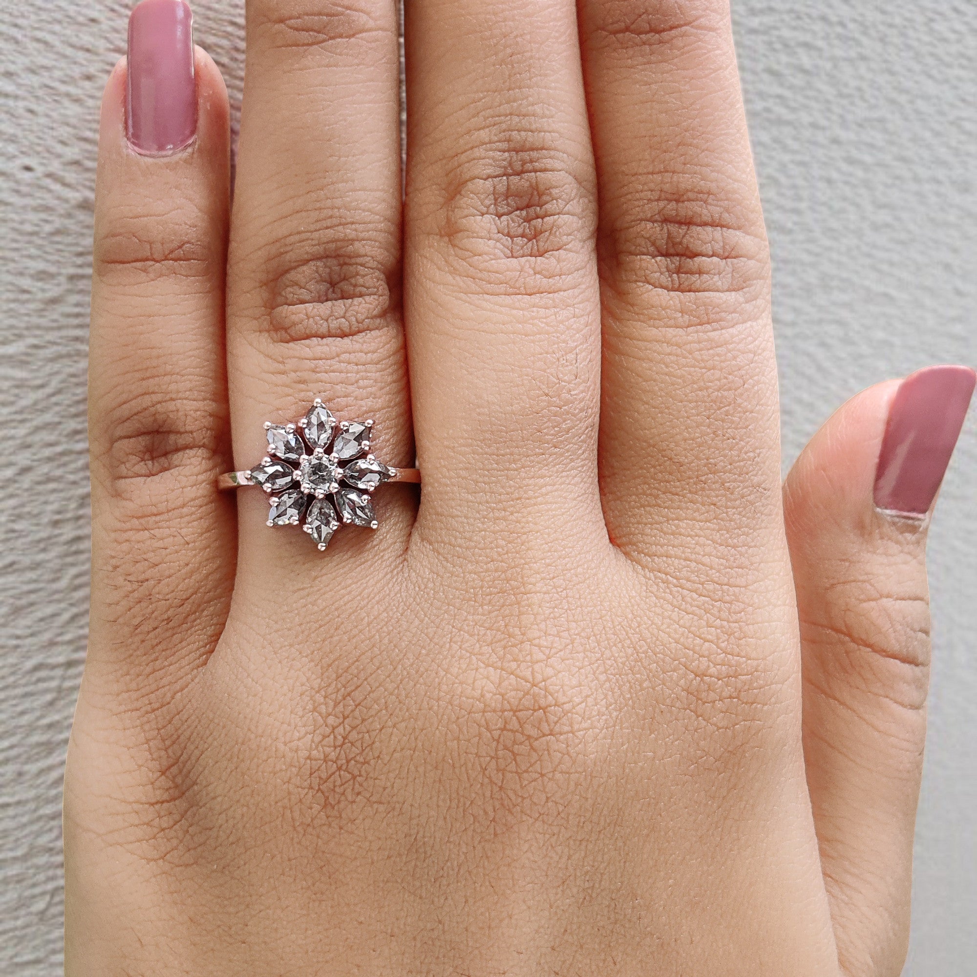 Marquise Cut Salt And Pepper Diamond Ring 0.93 Ct 4.65 MM Marquise Diamond Ring 14K Rose Gold Silver Engagement Ring Gift For Her QL1312