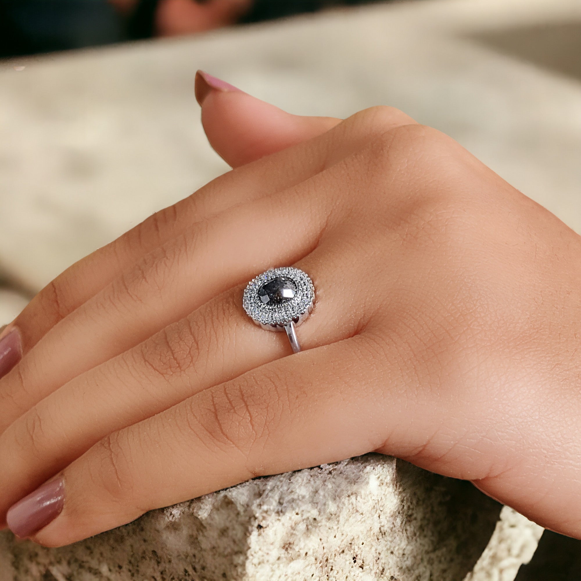 Oval Cut Salt And Pepper Diamond Ring 0.79 Ct 6.00 MM Oval Diamond Ring 14K Solid Rose Gold Silver Oval Engagement Ring Gift For Her QN1230