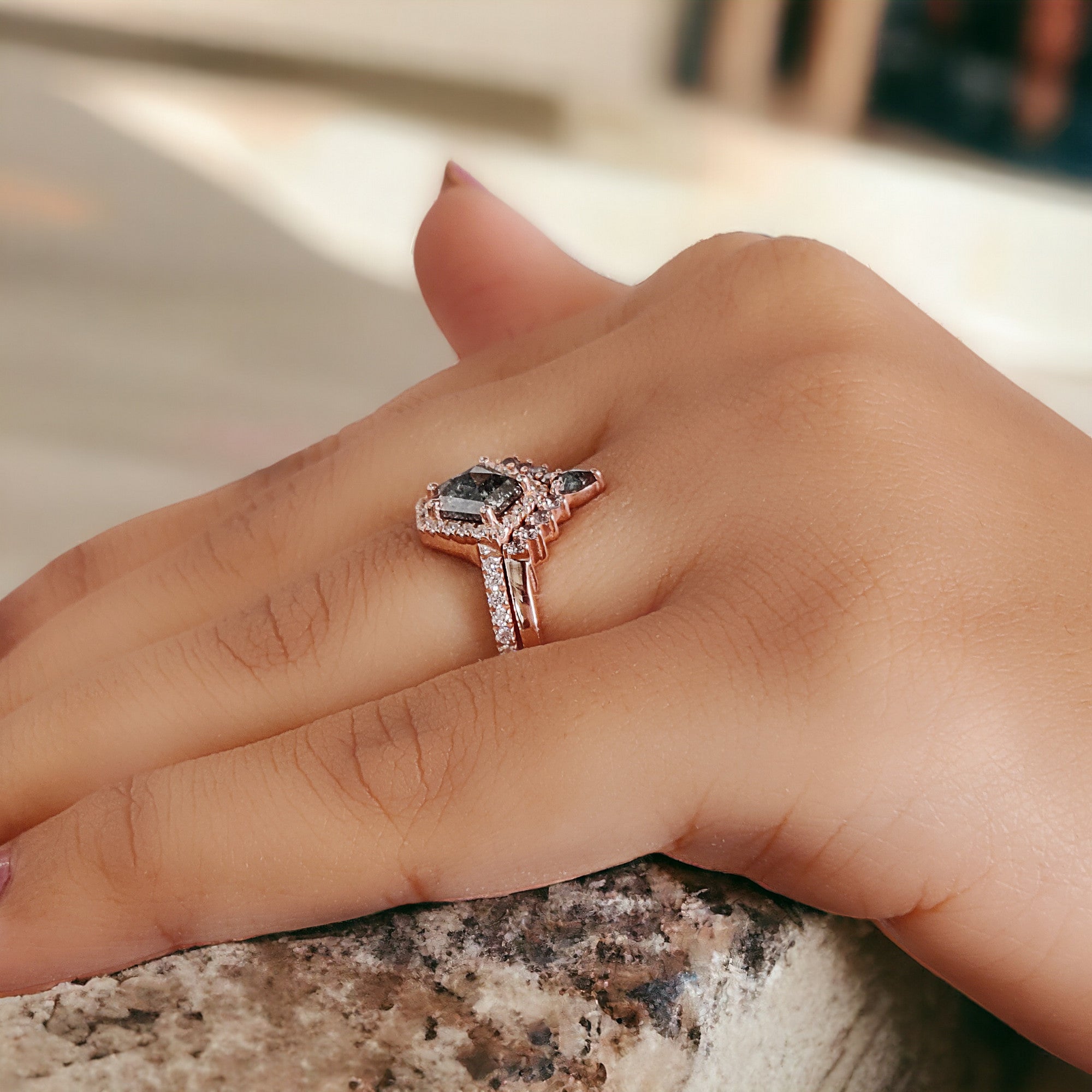 Pentagon Salt And Pepper Diamond Ring 1.12 Ct 6.85 MM Pentagon Diamond Ring 14K Solid Rose Gold Silver Engagement Ring Gift For Her QL1501