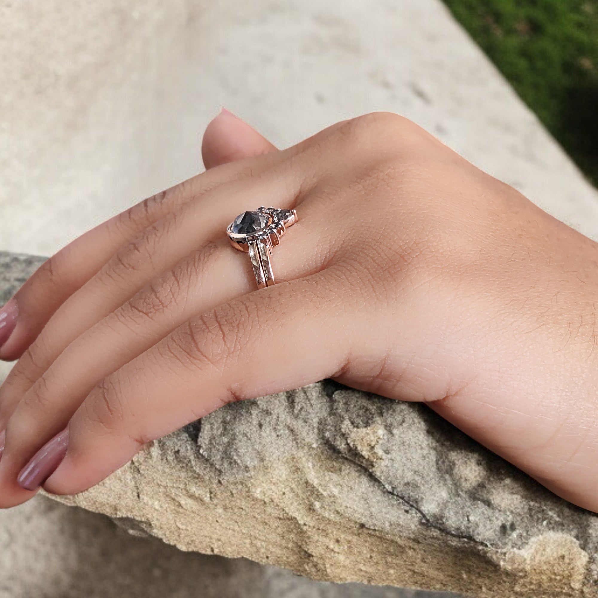 Round Rose Cut Salt And Pepper Diamond Ring 1.54 Ct 6.73 MM Round Diamond Ring 14K Rose Gold Silver Engagement Ring Gift For Her QL1917