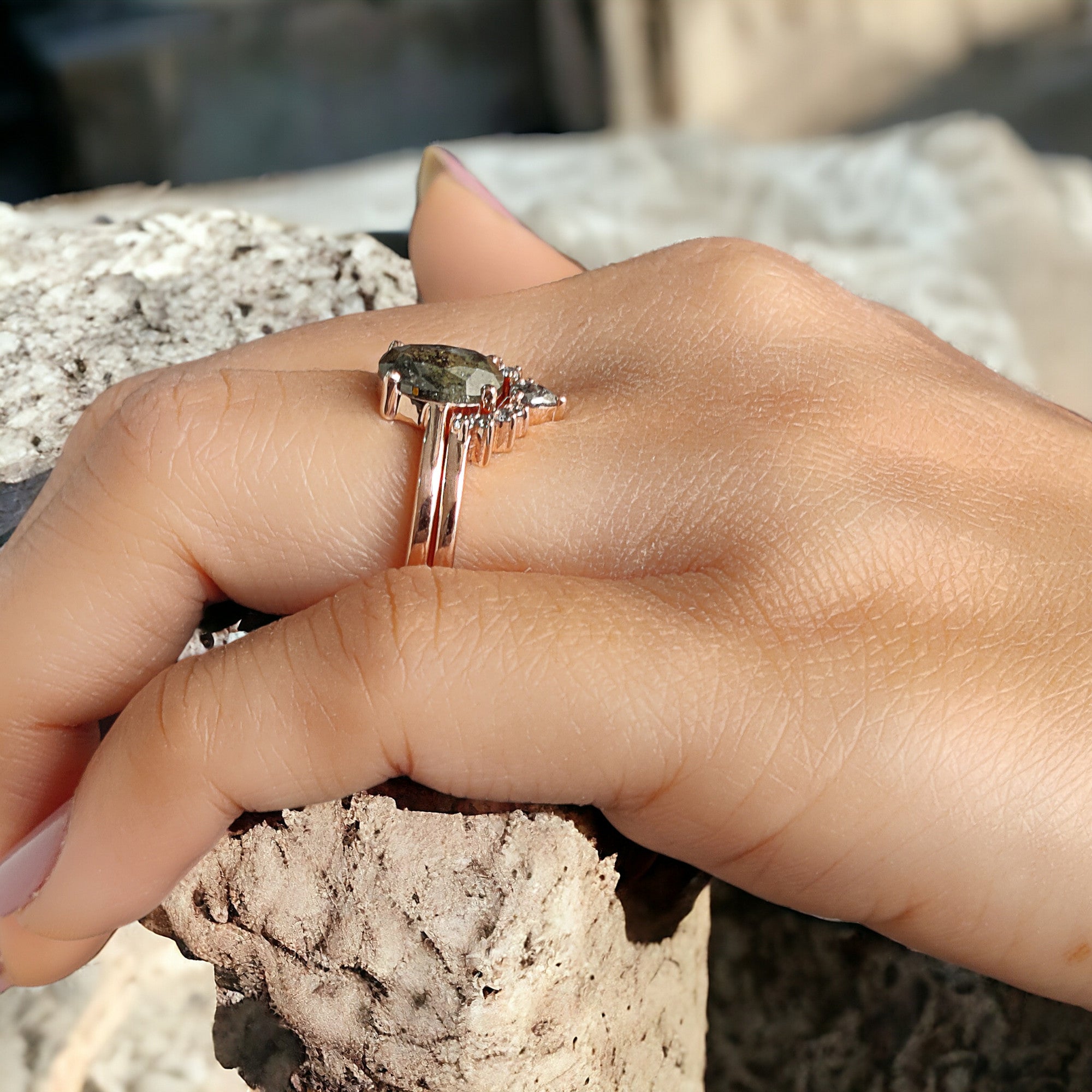 Oval Cut Salt And Pepper Diamond Ring 1.61 Ct 8.55 MM Oval Diamond Ring 14K Solid Rose Gold Silver Oval Engagement Ring Gift For Her QN870