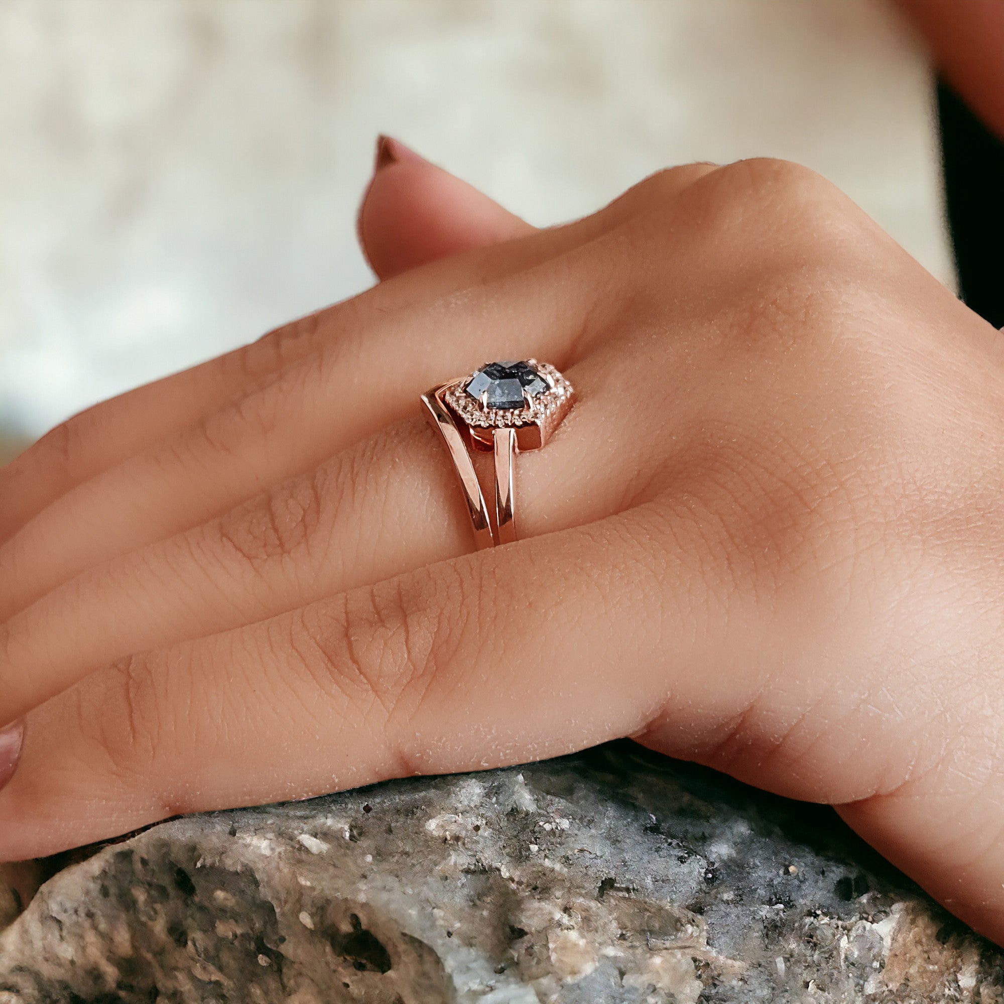 Hexagon Cut Salt And Pepper Diamond Ring 0.88 Ct 6.80 MM Hexagon Cut Diamond Ring 14K Rose Gold Silver Engagement Ring Gift For Her QL9968