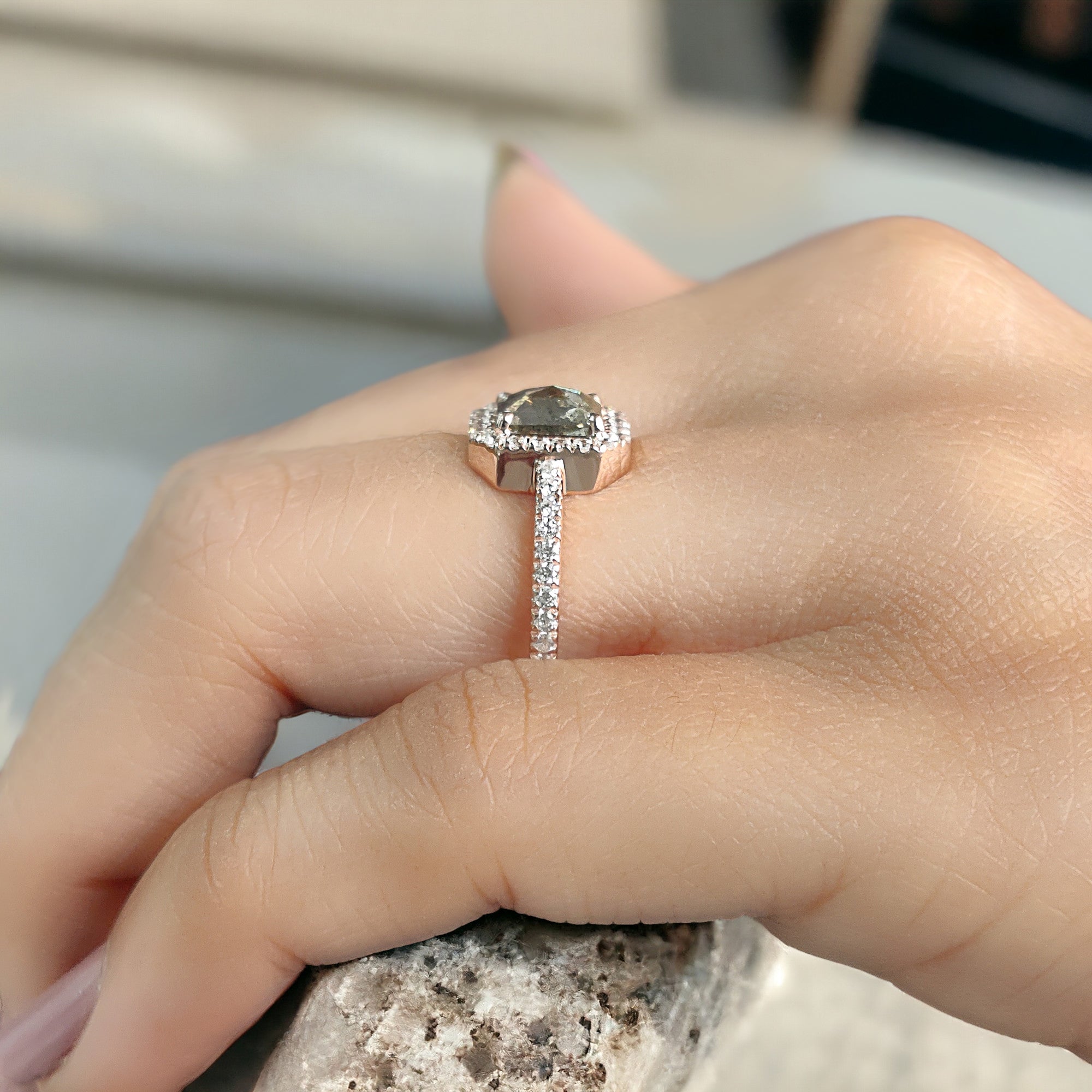 Emerald Cut Salt And Pepper Diamond Ring 0.86 Ct 6.10 MM Emerald Diamond Ring 14K Solid Rose Gold Silver Engagement Ring Gift For Her QL9563