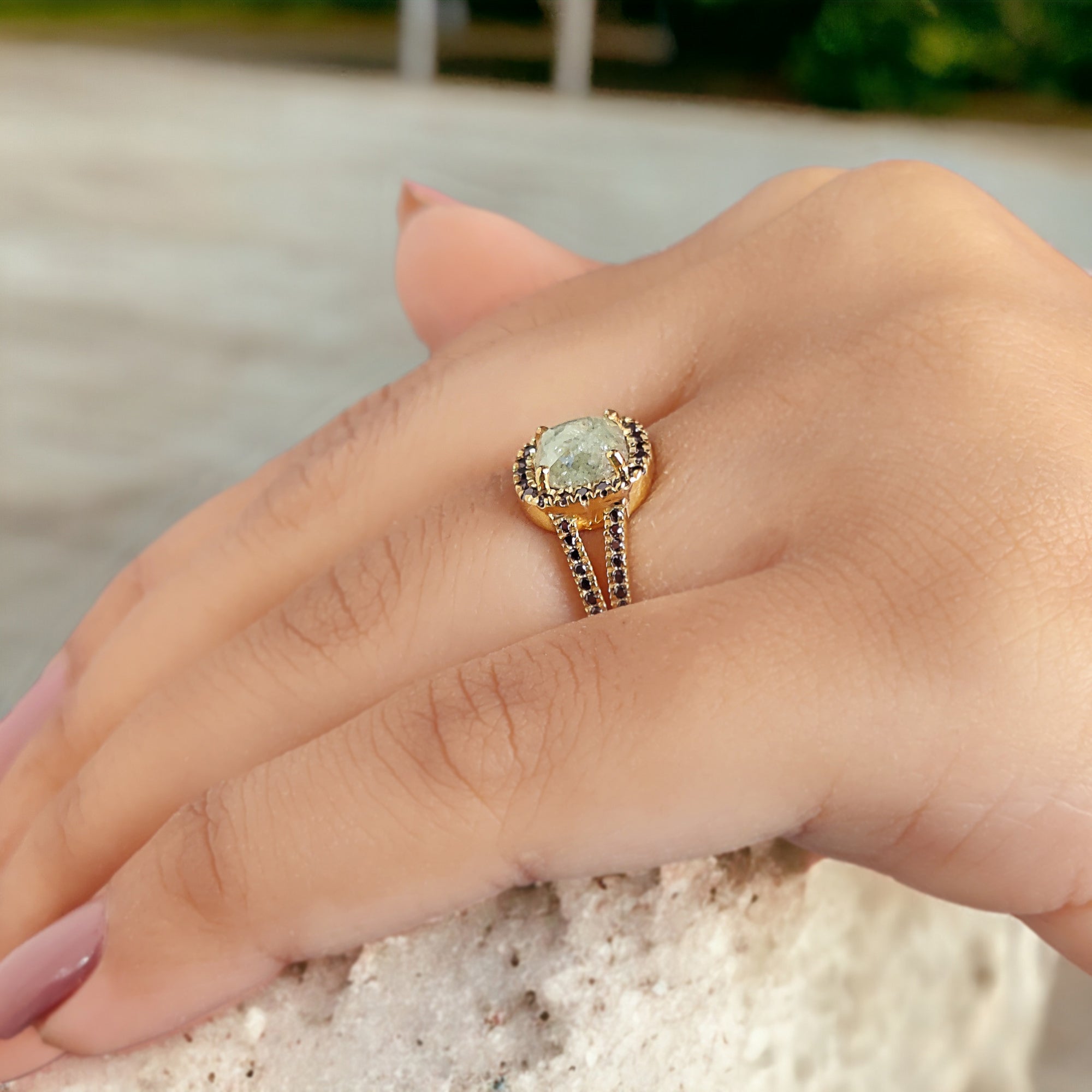 Cushion Cut Salt And Pepper Diamond Ring 1.44 Ct 6.40 MM Cushion Diamond Ring 14K Yellow Gold Silver Engagement Ring Gift For Her QL6437