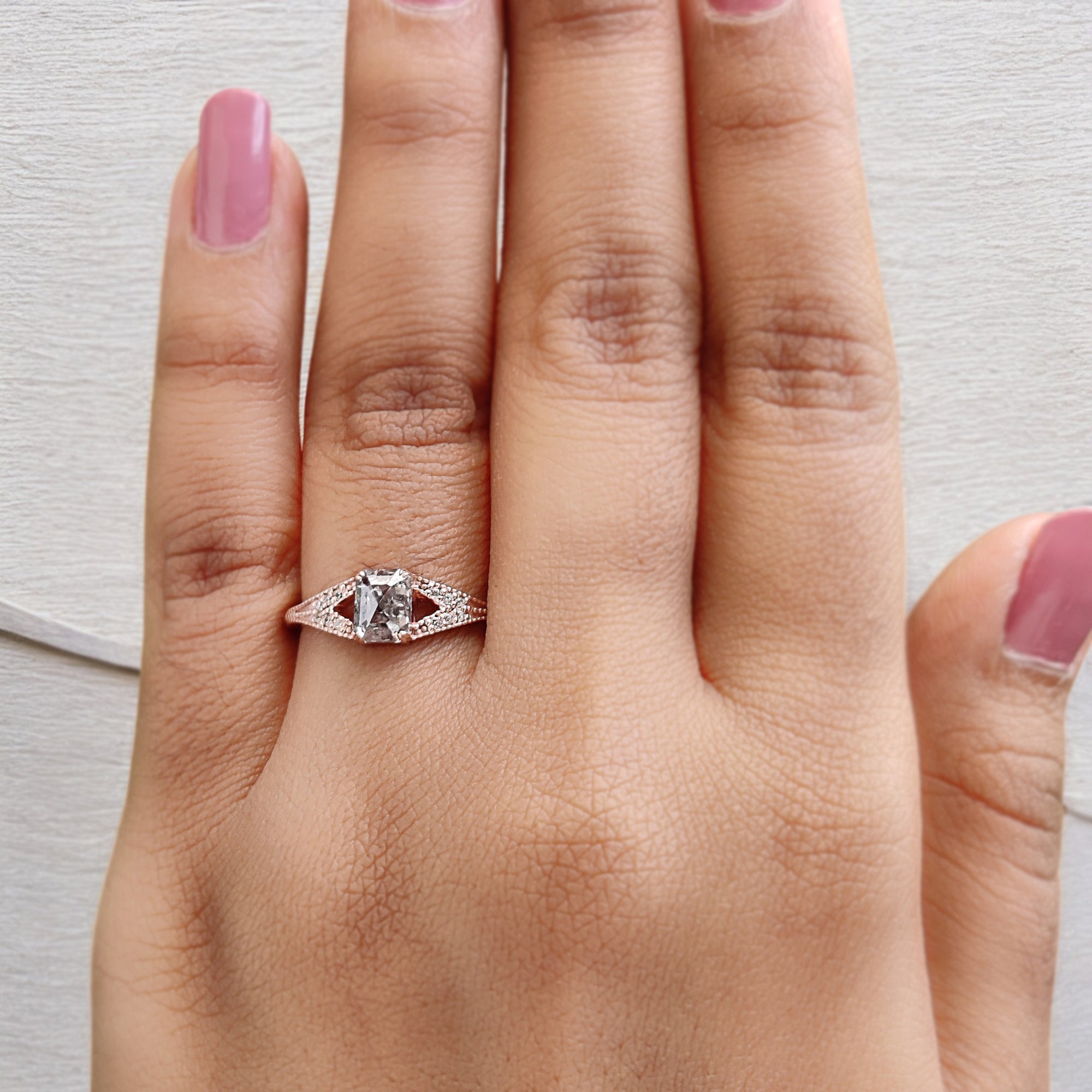 Emerald Cut Salt And Pepper Diamond Ring 0.94 Ct 5.88 MM Emerald Diamond Ring 14K Solid Rose Gold Silver Engagement Ring Gift For Her QL9559