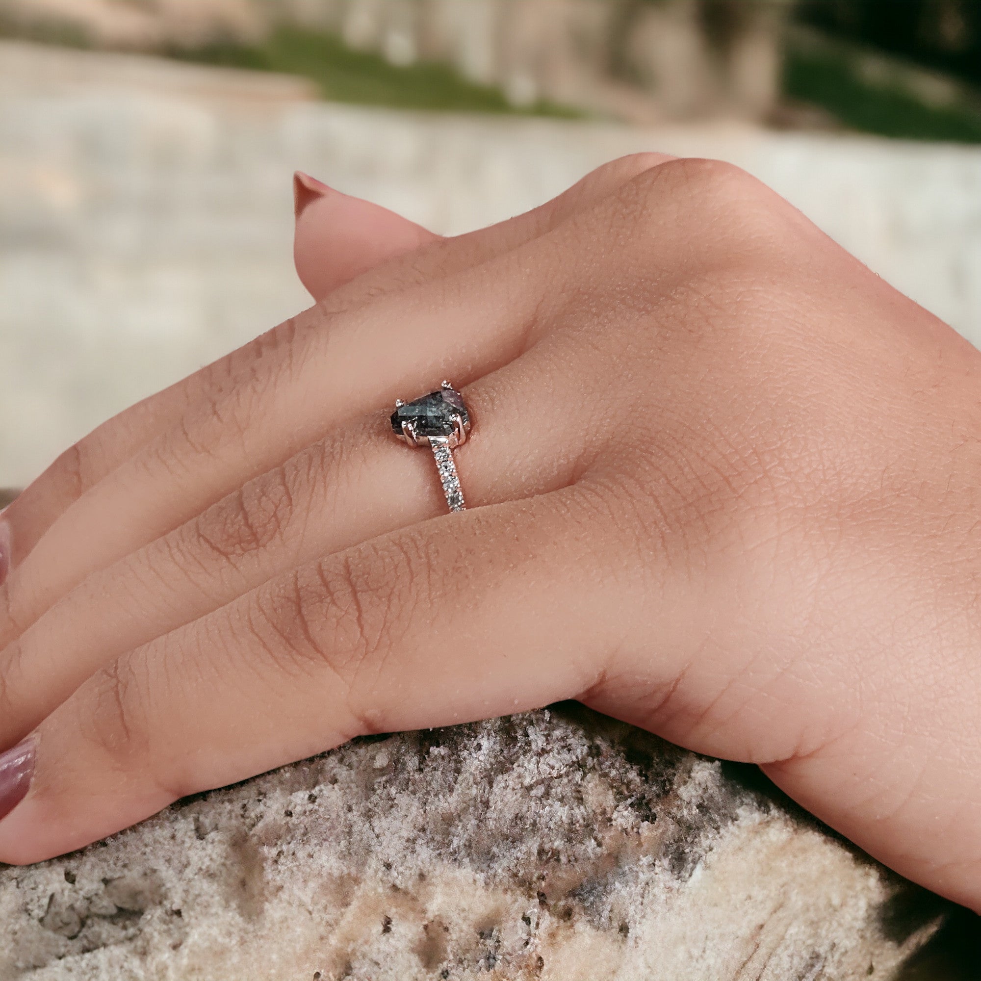 Coffin Cut Salt And Pepper Diamond Ring 0.87 Ct 6.40 MM Coffin Diamond Ring 14K Solid Rose Gold Silver Engagement Ring Gift For Her QL7838