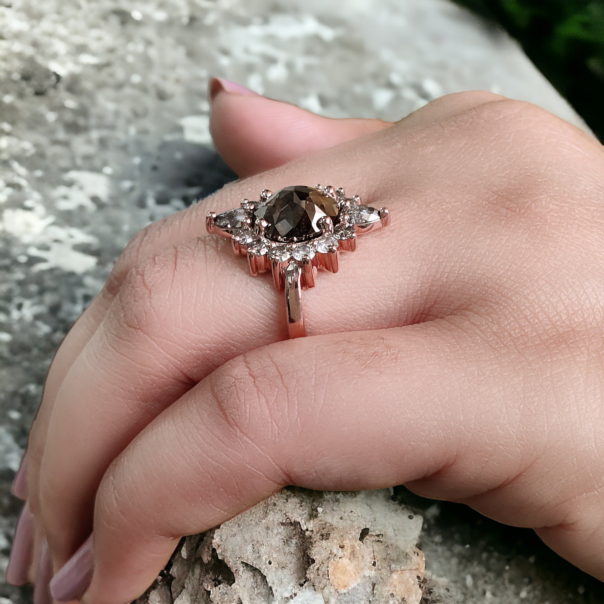 Round Rose Cut Salt And Pepper Diamond Ring 4.20 Ct 9.90 MM Round Diamond Ring 14K Rose Gold Silver Engagement Ring Gift For Her QL8509