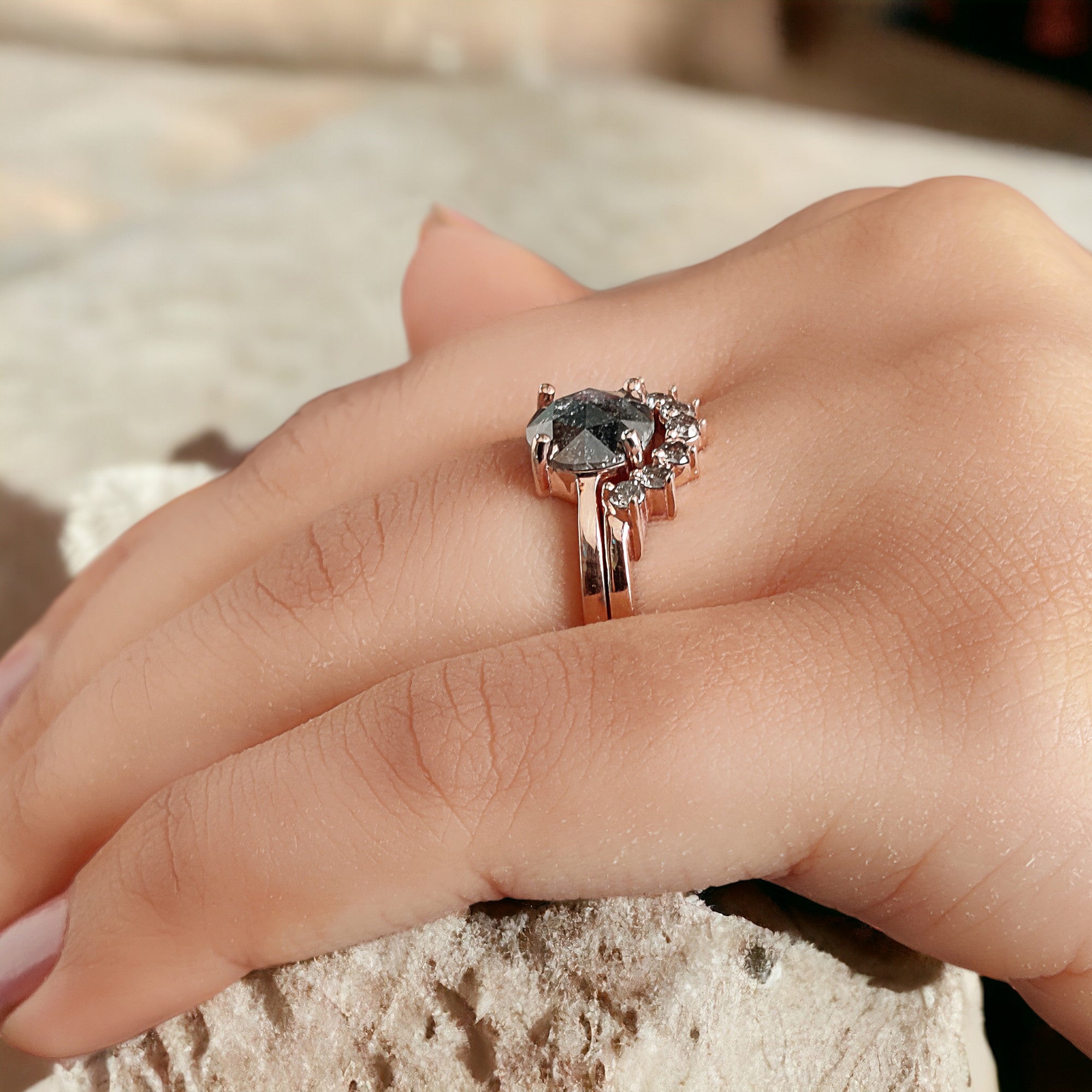 Round Rose Cut Salt And Pepper Diamond Ring 1.80 Ct 8.10 MM Round Diamond Ring 14K Rose Gold Silver Engagement Ring Gift For Her QL1536