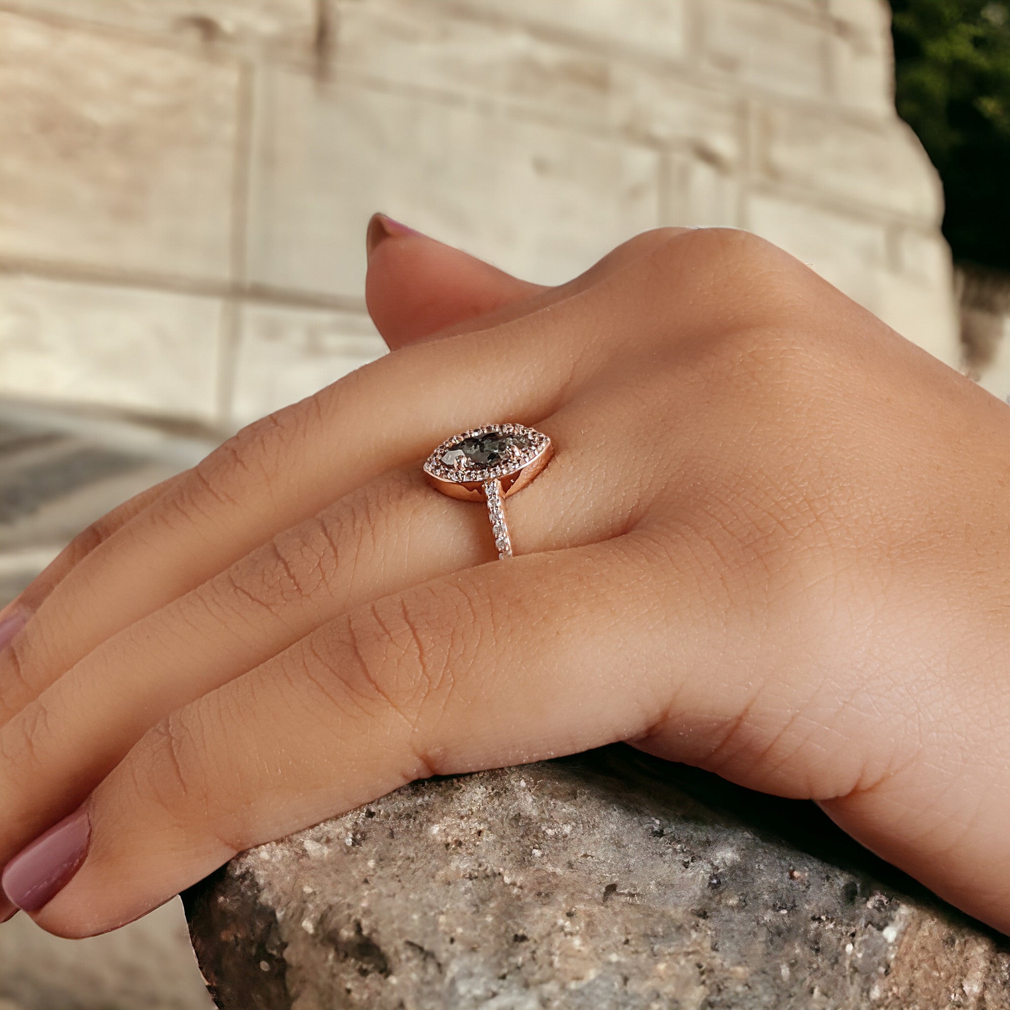 Marquise Salt And Pepper Diamond Ring 0.54 Ct 7.80 MM Marquise Diamond Ring 14K Solid Rose Gold Silver Engagement Ring Gift For Her QL348