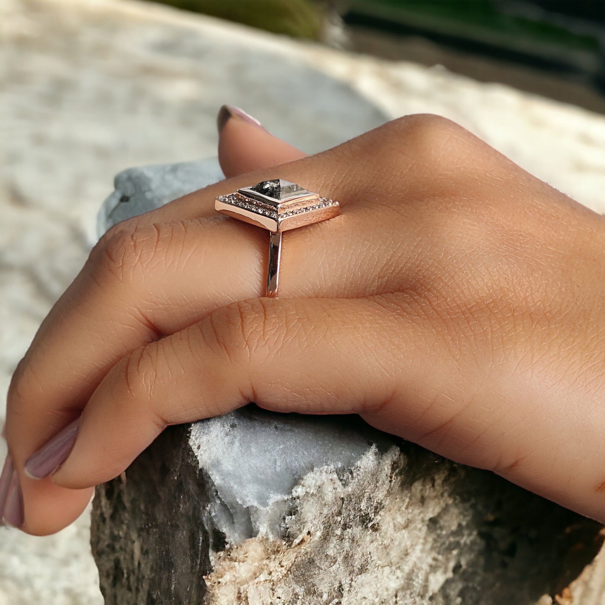 Kite Cut Salt And Pepper Diamond Ring 1.49 Ct 8.85 MM Kite Diamond Ring 14K Solid Rose Gold Silver Kite Engagement Ring Gift For Her QN863