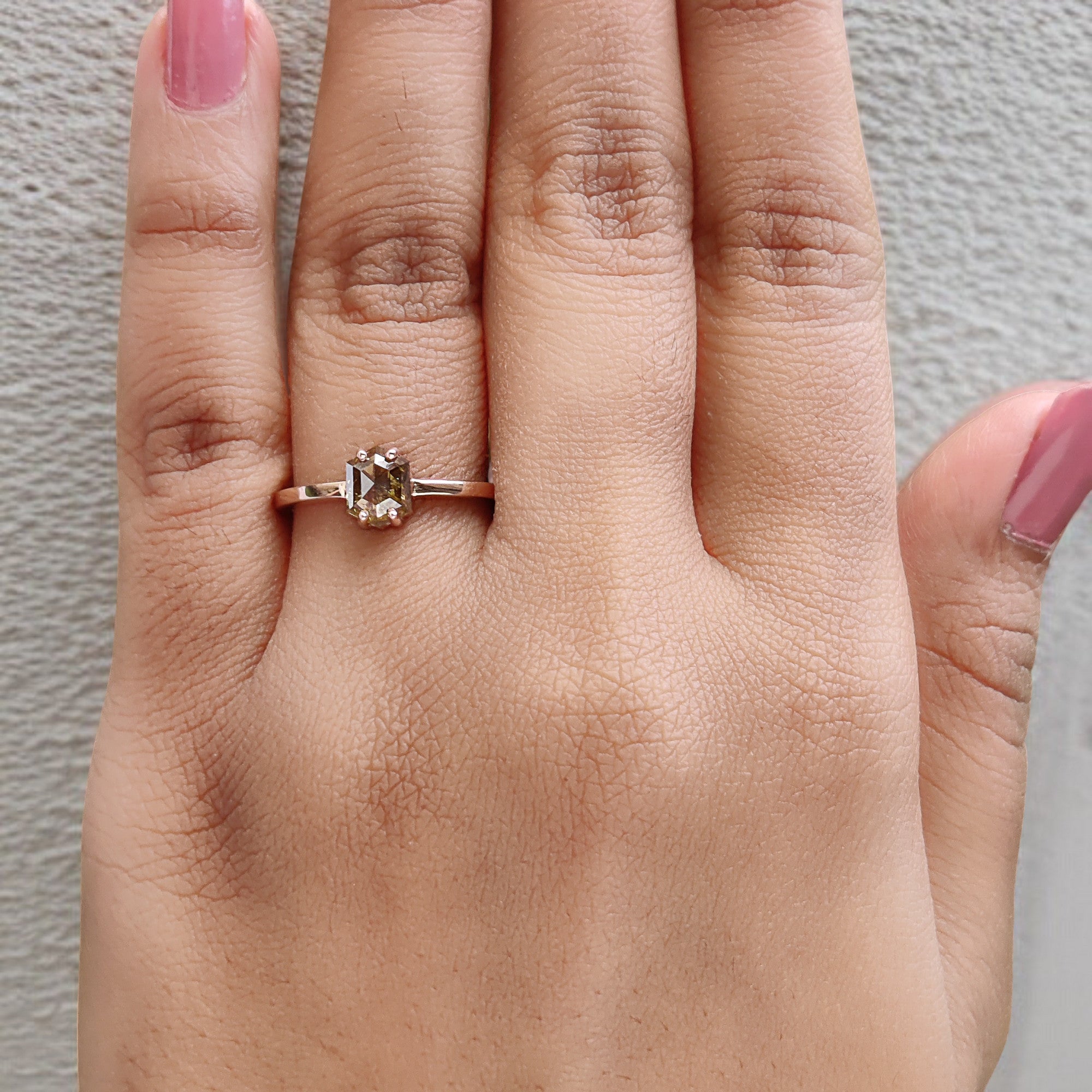 Hexagon Cut Green Color Diamond Ring 0.90 Ct 6.50 MM Hexagon Shape Diamond Ring 14K Rose Gold Silver Engagement Ring Gift For Her QL1070