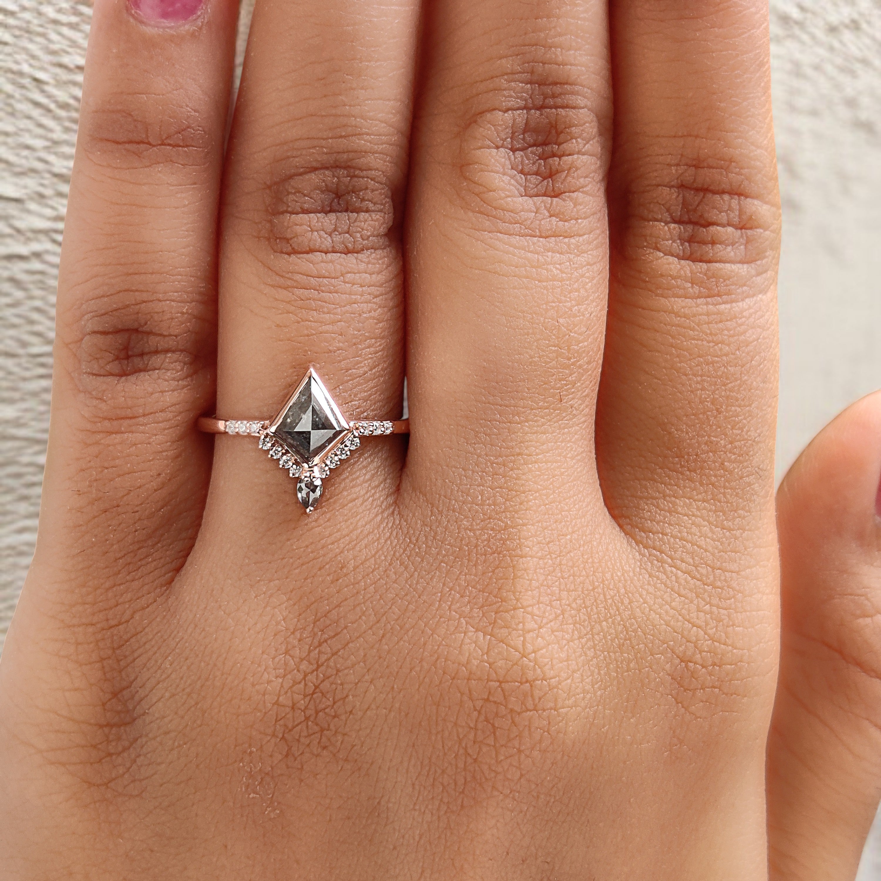 Kite Cut Salt And Pepper Diamond Ring 0.60 Ct 7.20 MM Kite Diamond Ring 14K Solid Rose Gold Silver Kite Engagement Ring Gift For Her QN2095