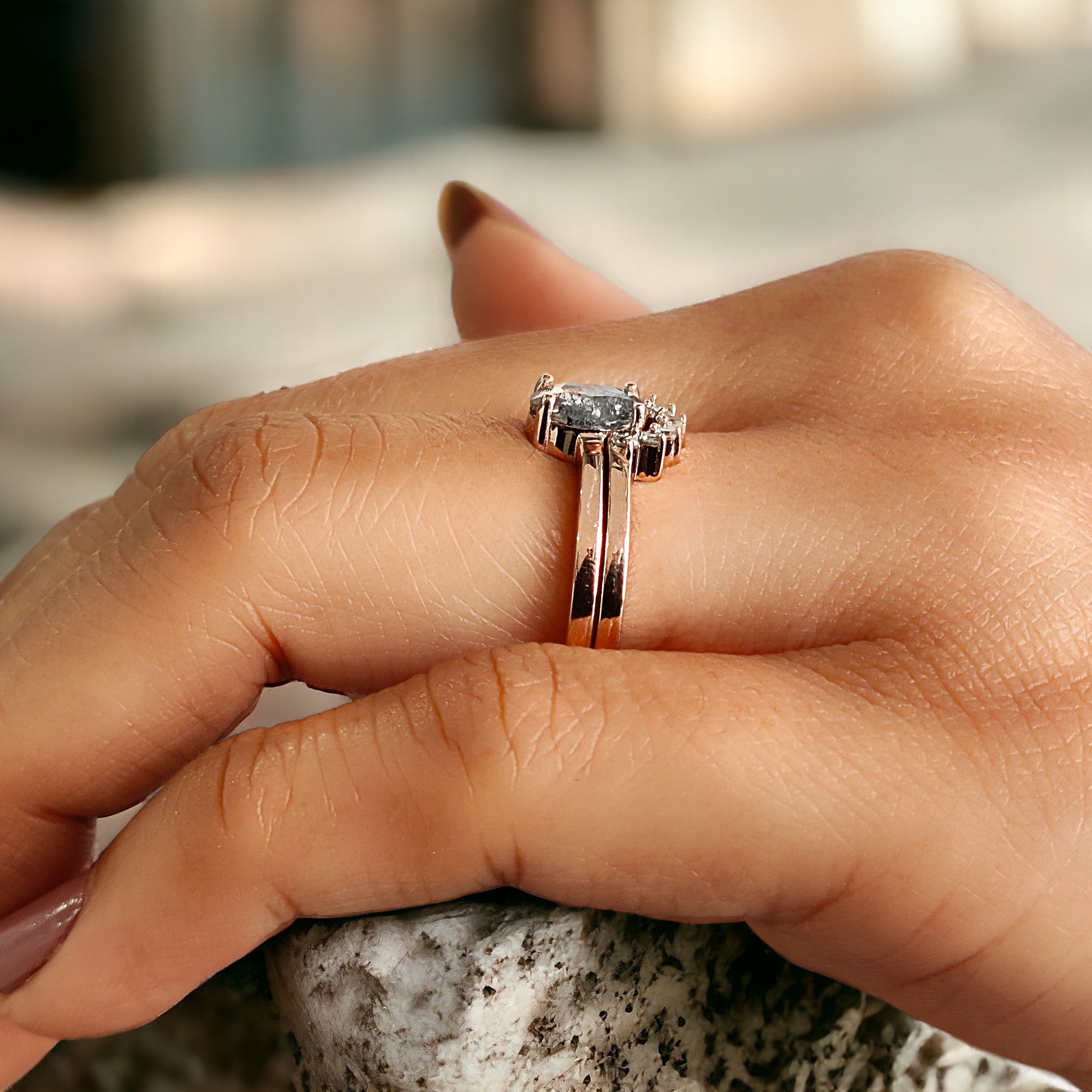 Oval Cut Salt And Pepper Diamond Ring 0.74 Ct 7.00 MM Oval Diamond Ring 14K Solid Rose Gold Silver Oval Engagement Ring Gift For Her QL1521