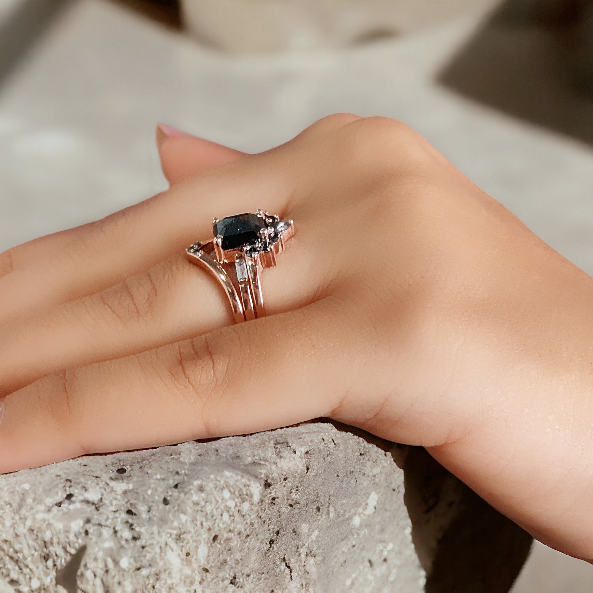 Emerald Cut Black Color Diamond Ring 2.12 Ct 7.95 MM Emerald Diamond Ring 14K Solid Rose Gold Silver Engagement Ring Gift For Her QN628