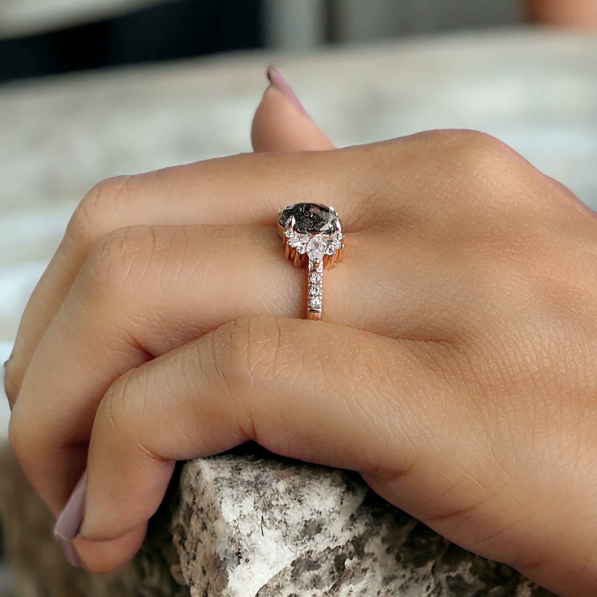 Oval Cut Salt And Pepper Diamond Ring 1.18 Ct 7.45 MM Oval Diamond Ring 14K Solid Rose Gold Silver Oval Engagement Ring Gift For Her QL2273