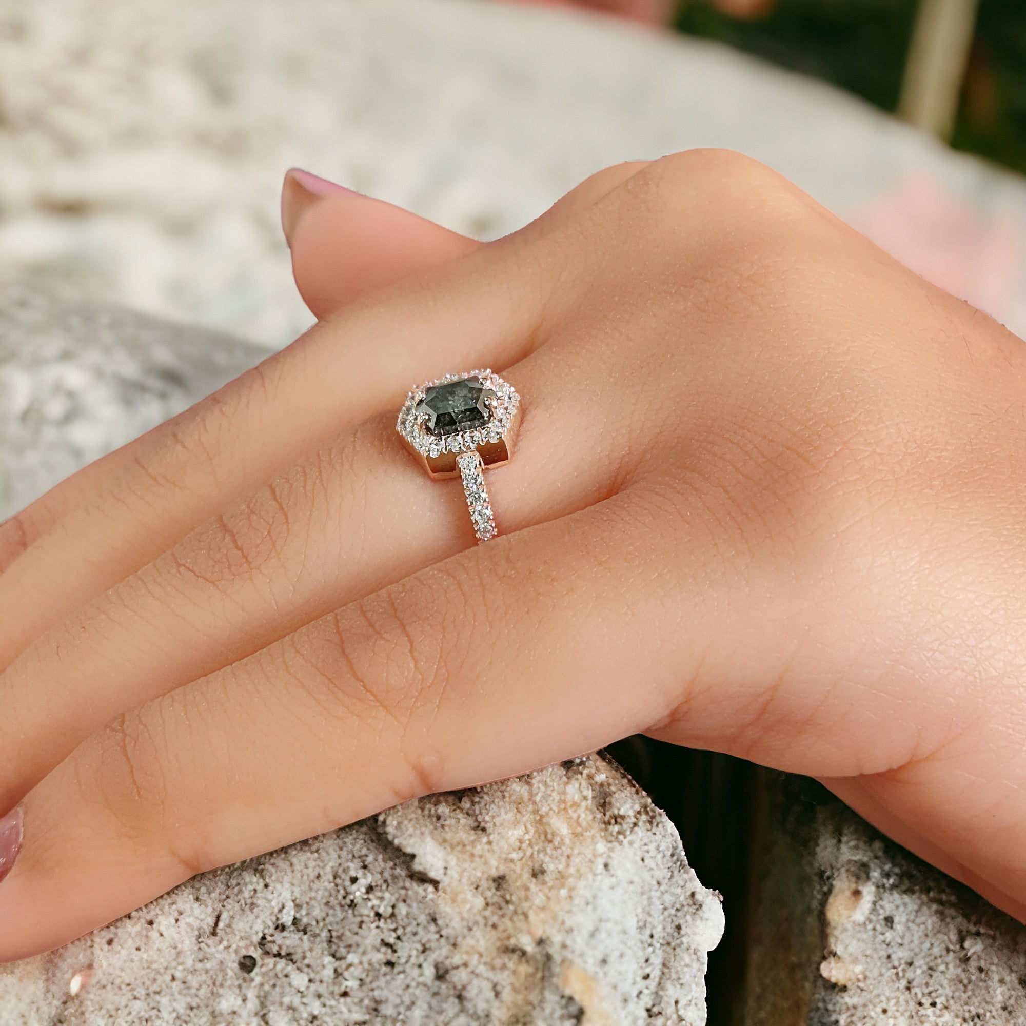 Hexagon Salt And Pepper Diamond Ring 0.80 Ct 6.30 MM Hexagon Cut Diamond Ring 14K Solid Rose Gold Silver Engagement Ring Gift For Her QN1135