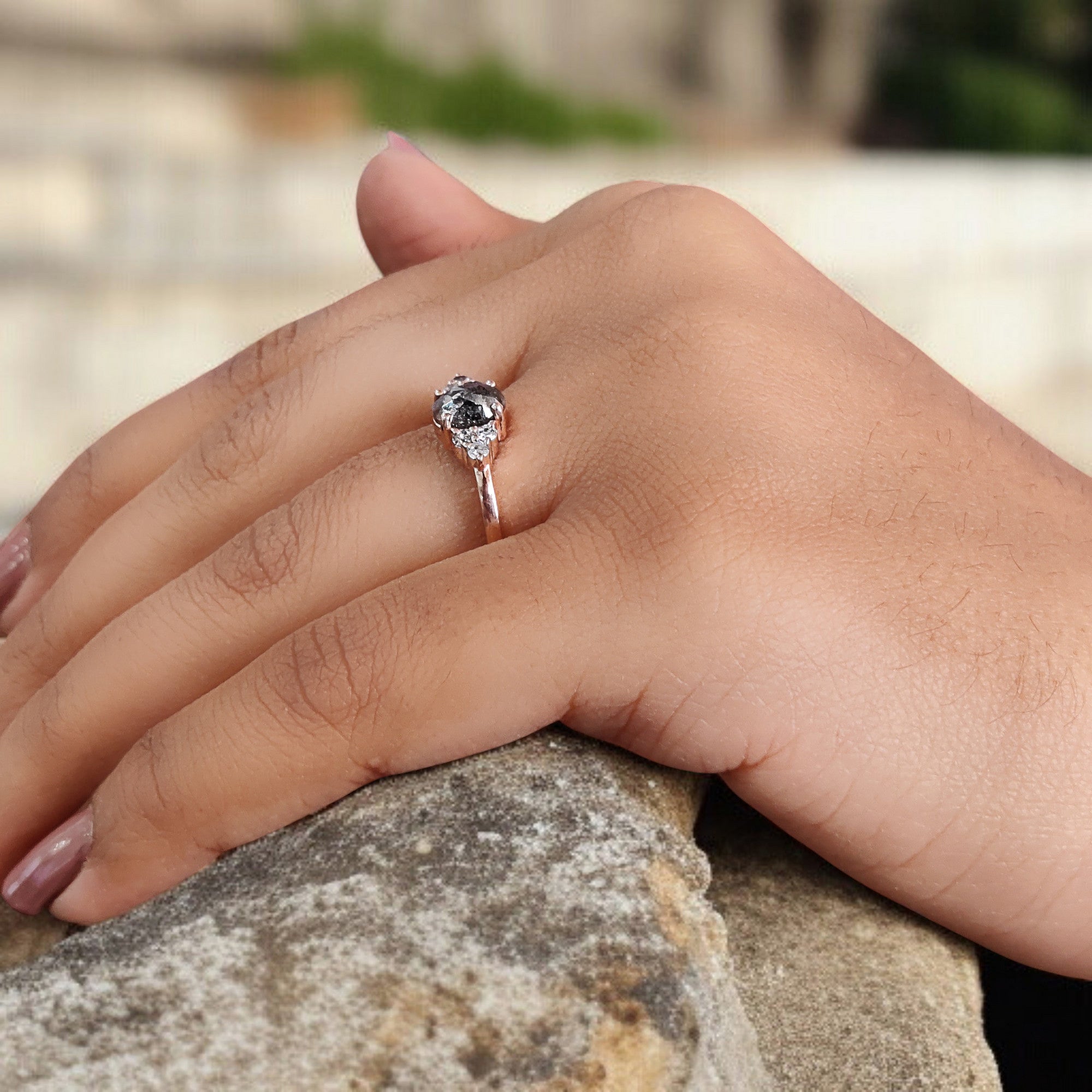 Oval Cut Salt And Pepper Diamond Ring 0.91 Ct 6.60 MM Oval Diamond Ring 14K Solid Rose Gold Silver Oval Engagement Ring Gift For Her QL665