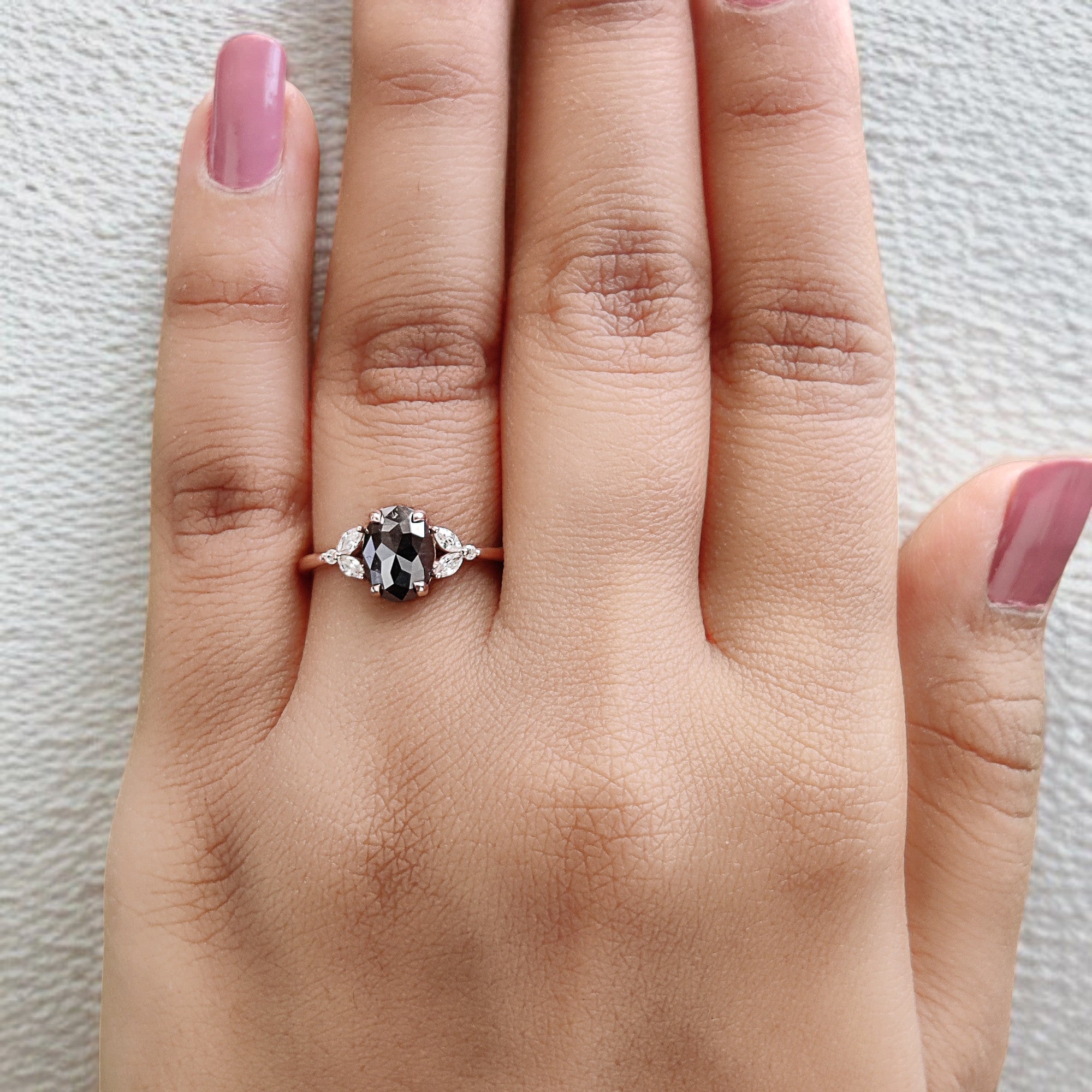 Oval Cut Salt And Pepper Diamond Ring 1.49 Ct 8.03 MM Oval Diamond Ring 14K Solid Rose Gold Silver Oval Engagement Ring Gift For Her QL2889