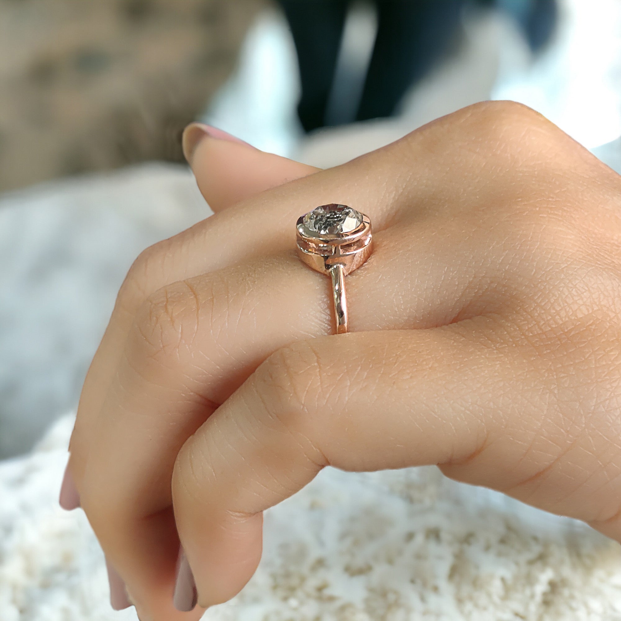 Round Cut Salt And Pepper Diamond Ring 1.55 Ct 7.05 MM Round Diamond Ring 14K Solid Rose Gold Silver Engagement Ring Gift For Her QL2650