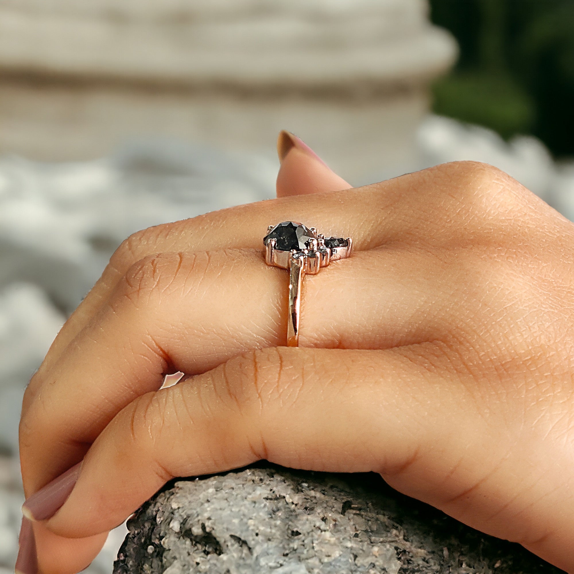 Round Rose Cut Salt And Pepper Diamond Ring 1.47 Ct 7.00 MM Rose Diamond Ring 14K Solid Rose Gold Silver Engagement Ring Gift For Her QL1206