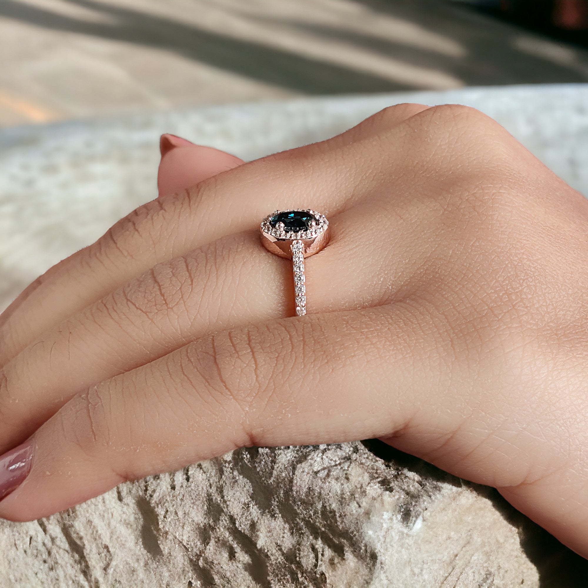 Oval Cut Blue Color Diamond Ring 0.55 Ct 6.00 MM Blue Oval Shape Diamond Ring 14K Solid Rose Gold Silver Engagement Ring Gift For Her QL8522