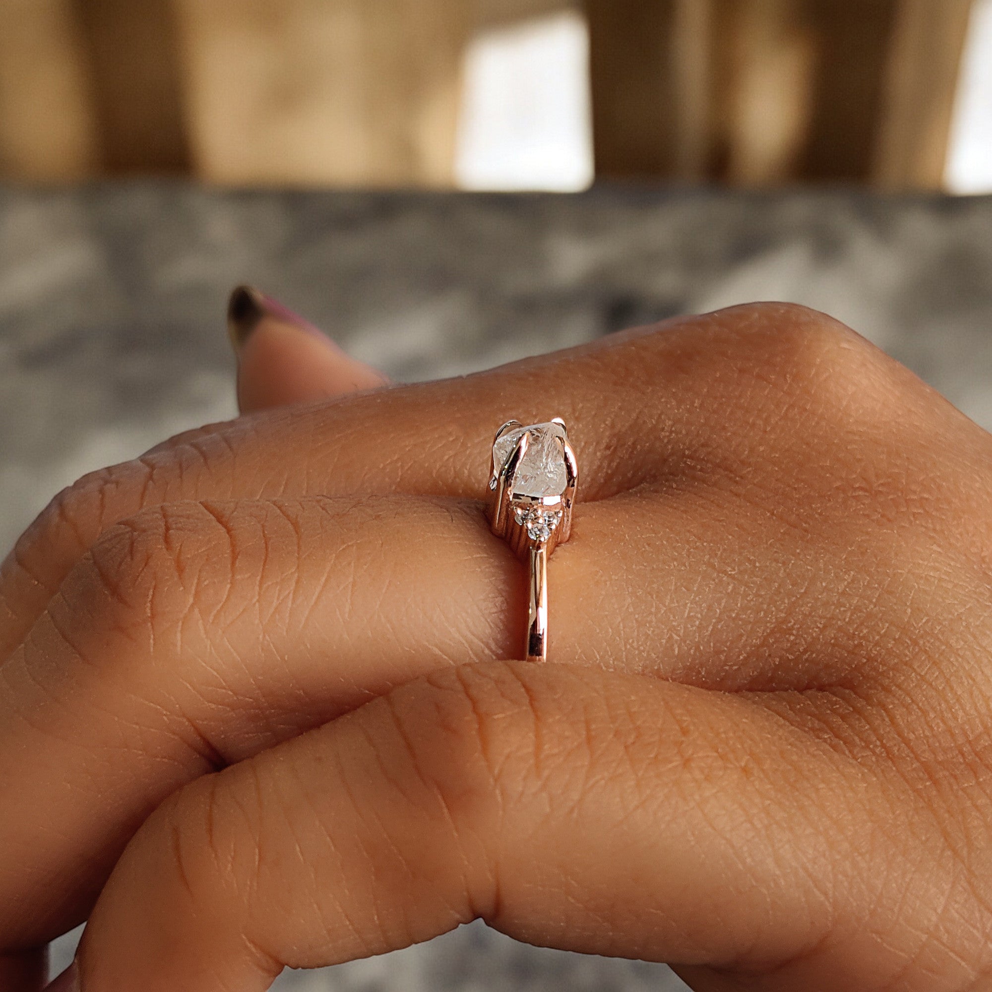 Rough White-F Color Diamond Ring 0.96 Ct 5.46 MM Crystal Rough Diamond Ring 14K Solid Rose Gold Silver Engagement Ring Gift For Her QL2473