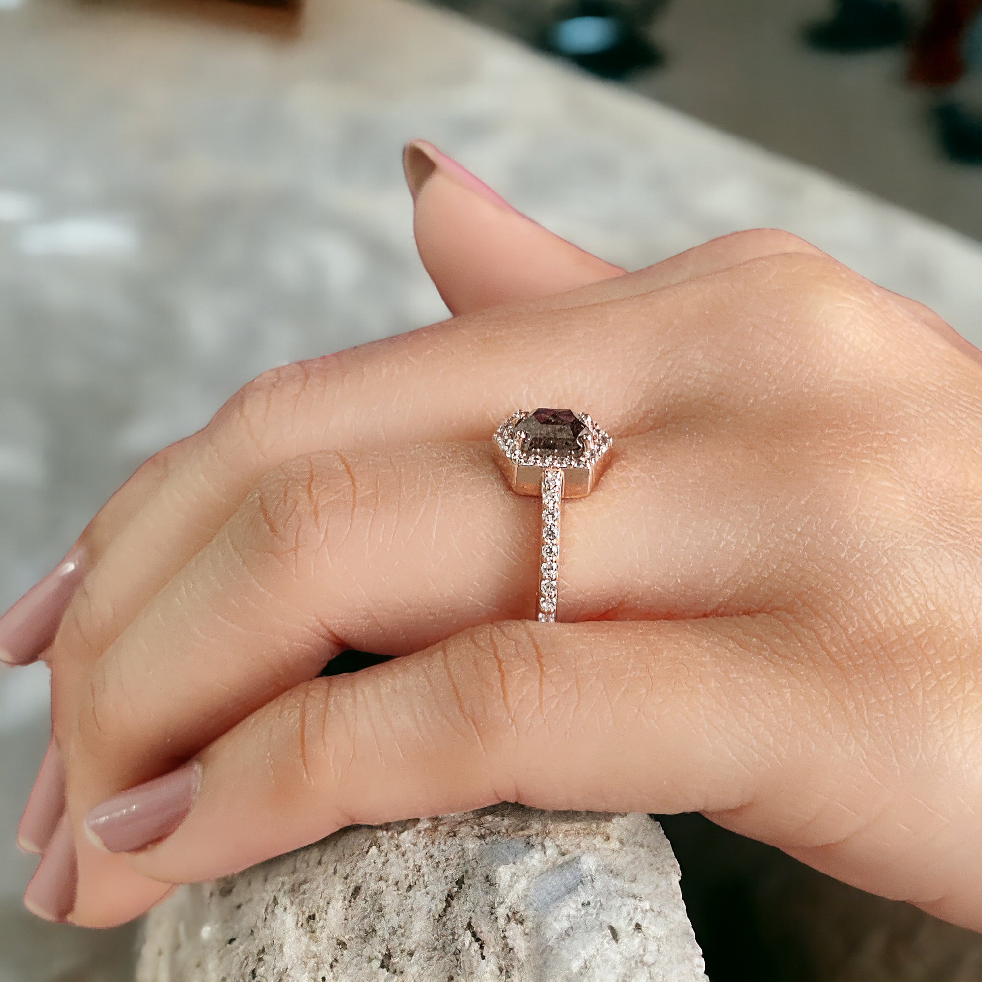 Hexagon Salt And Pepper Diamond Ring 1.00 Ct 6.35 MM Hexagon Cut Diamond Ring 14K Solid Rose Gold Silver Engagement Ring Gift For Her QL276