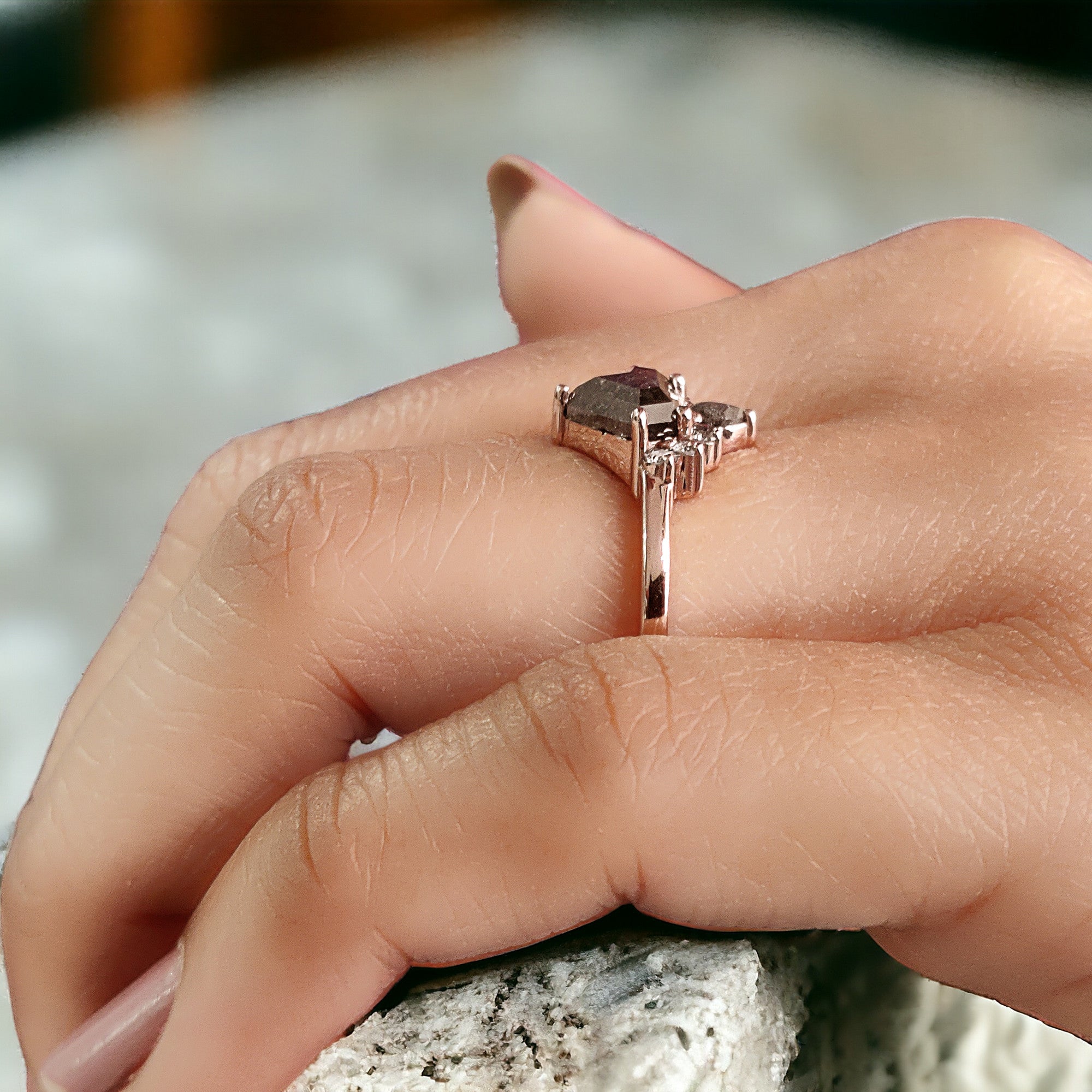 Shield Salt And Pepper Diamond Ring 1.31 Ct 6.50 MM Shield Shape Diamond Ring 14K Solid Rose Gold Silver Engagement Ring Gift For Her QL254