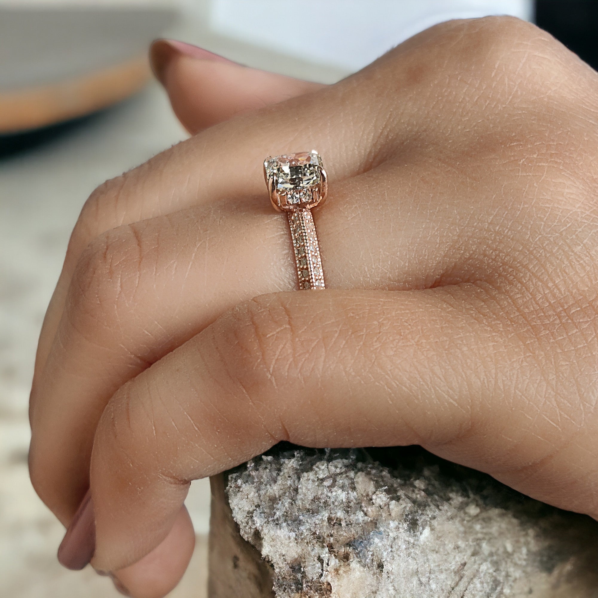 Radiant Salt And Pepper Diamond Ring 1.03 Ct 5.58 MM Radiant Diamond Ring 14K Solid Rose Gold Silver Engagement Ring Gift For Her QL2644