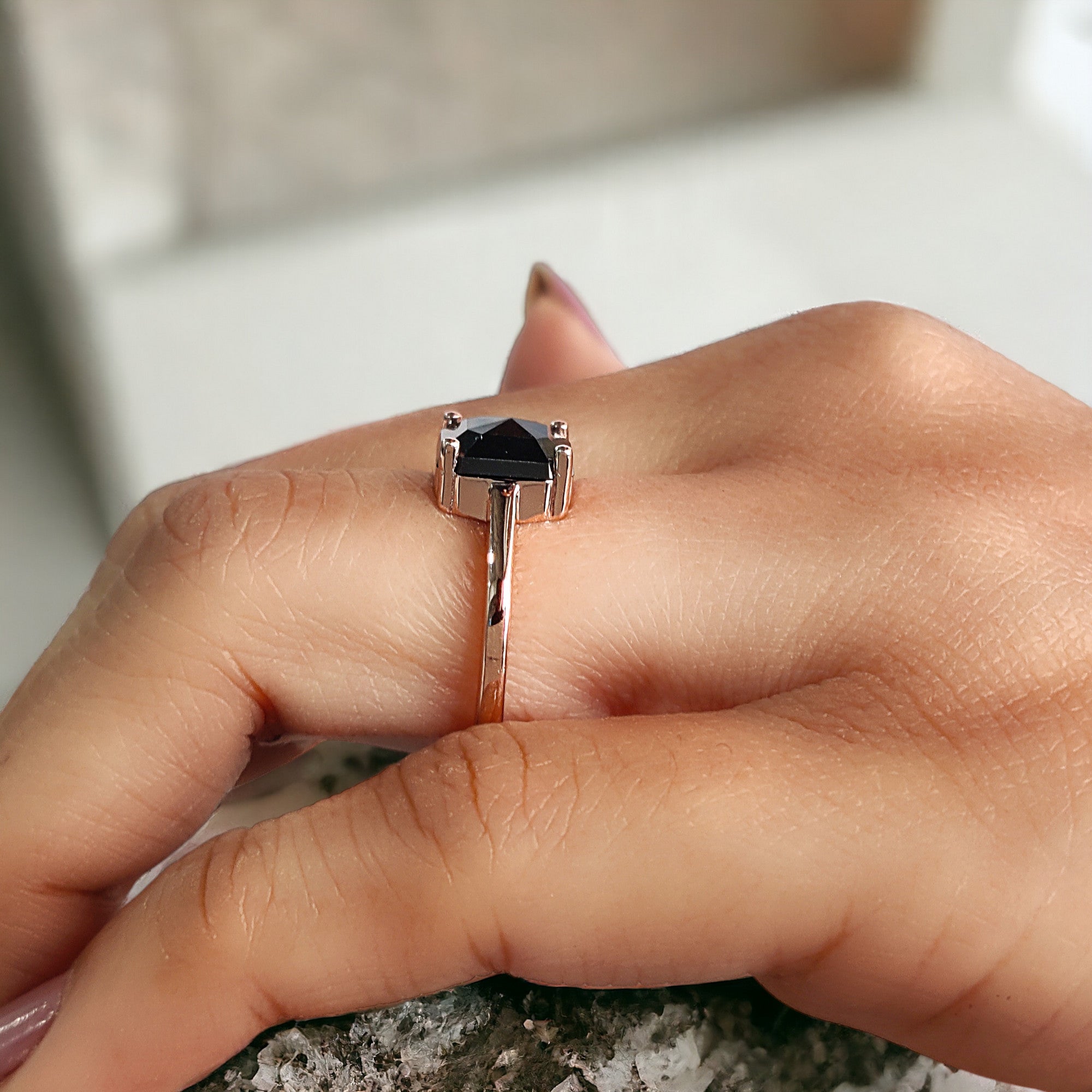 Emerald Cut Black Color Diamond Ring 2.21 Ct 8.00 MM Emerald Diamond Ring 14K Solid Rose Gold Silver Engagement Ring Gift For Her QL3083