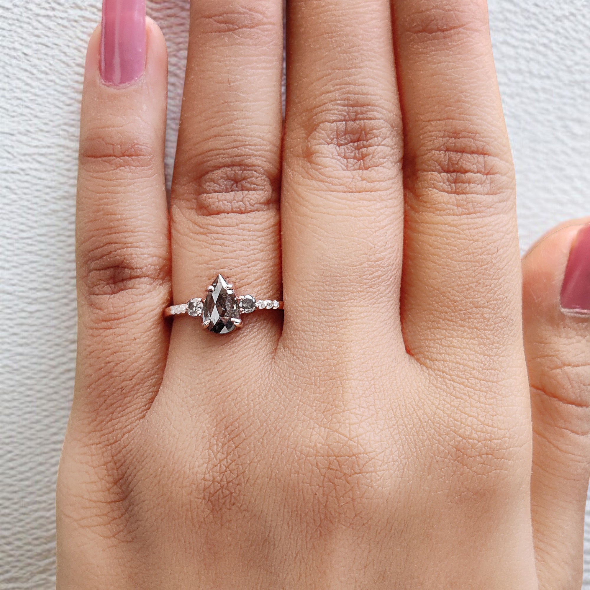 Pear Cut Salt And Pepper Diamond Ring 0.62 Ct 8.20 MM Pear Diamond Ring 14K Solid Rose Gold Silver Pear Engagement Ring Gift For Her QL1574