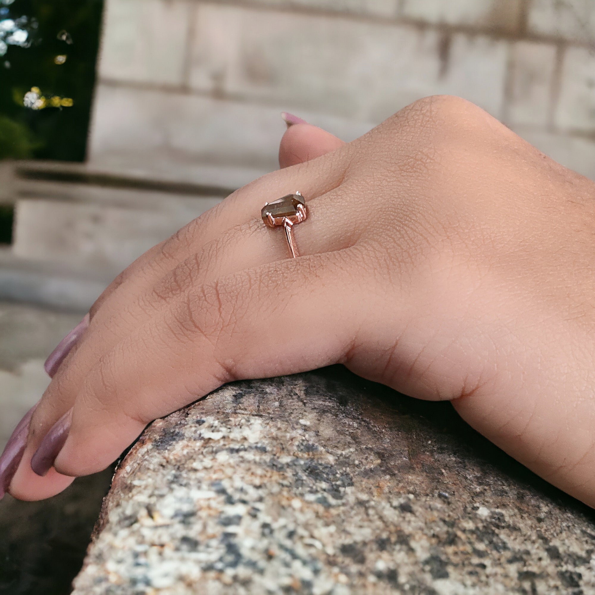 Coffin Cut Brown Color Diamond Ring 0.82 Ct 6.90 MM Coffin Diamond Ring 14K Solid Rose Gold Silver Engagement Ring Gift For Her QN985