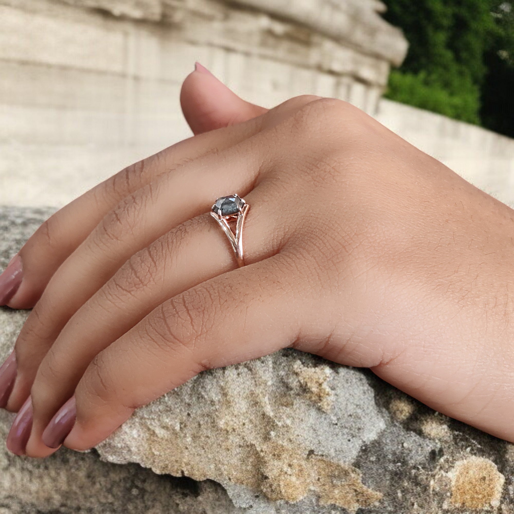 Hexagon Cut Salt And Pepper Diamond Ring 0.78 Ct 6.30 MM Hexagon Cut Diamond Ring 14K Rose Gold Silver Engagement Ring Gift For Her QL1403