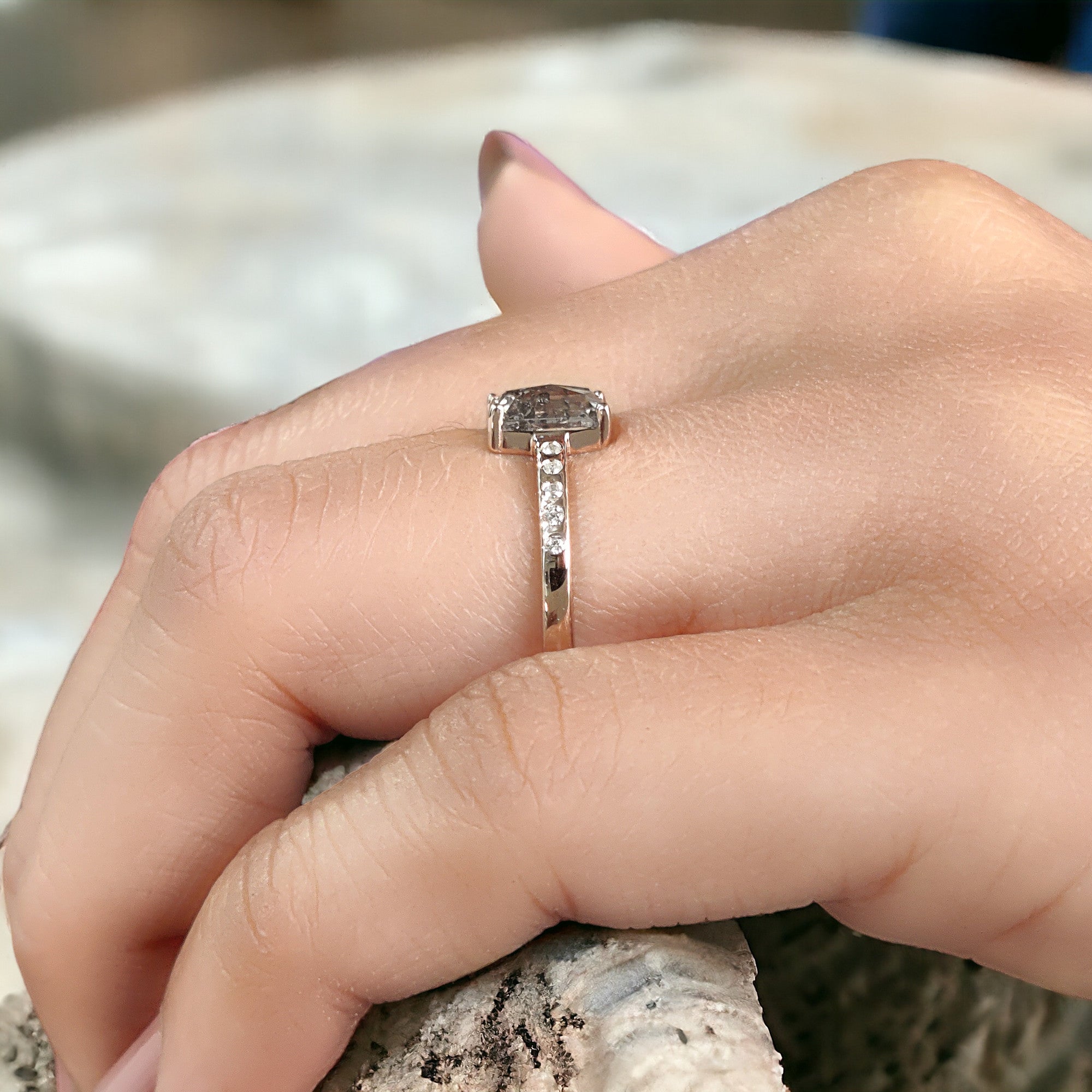 Emerald Cut Salt And Pepper Diamond Ring 0.77 Ct 6.60 MM Emerald Diamond Ring 14K Solid Rose Gold Silver Engagement Ring Gift For Her QL2658