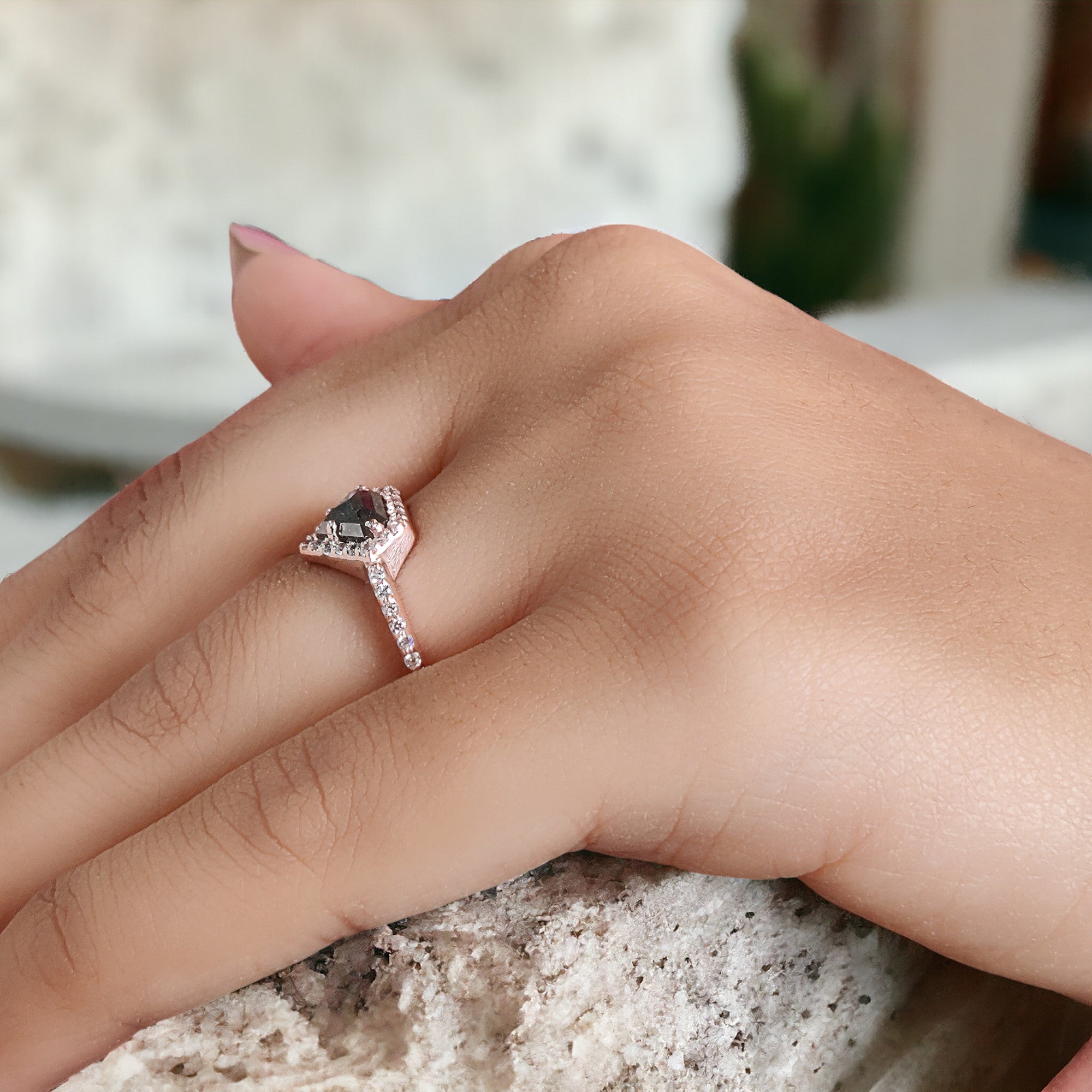 Shield Cut Salt And Pepper Diamond Ring 0.81 Ct 5.50 MM Shield Diamond Ring 14K Solid Rose Gold Silver Engagement Ring Gift For Her QN1251