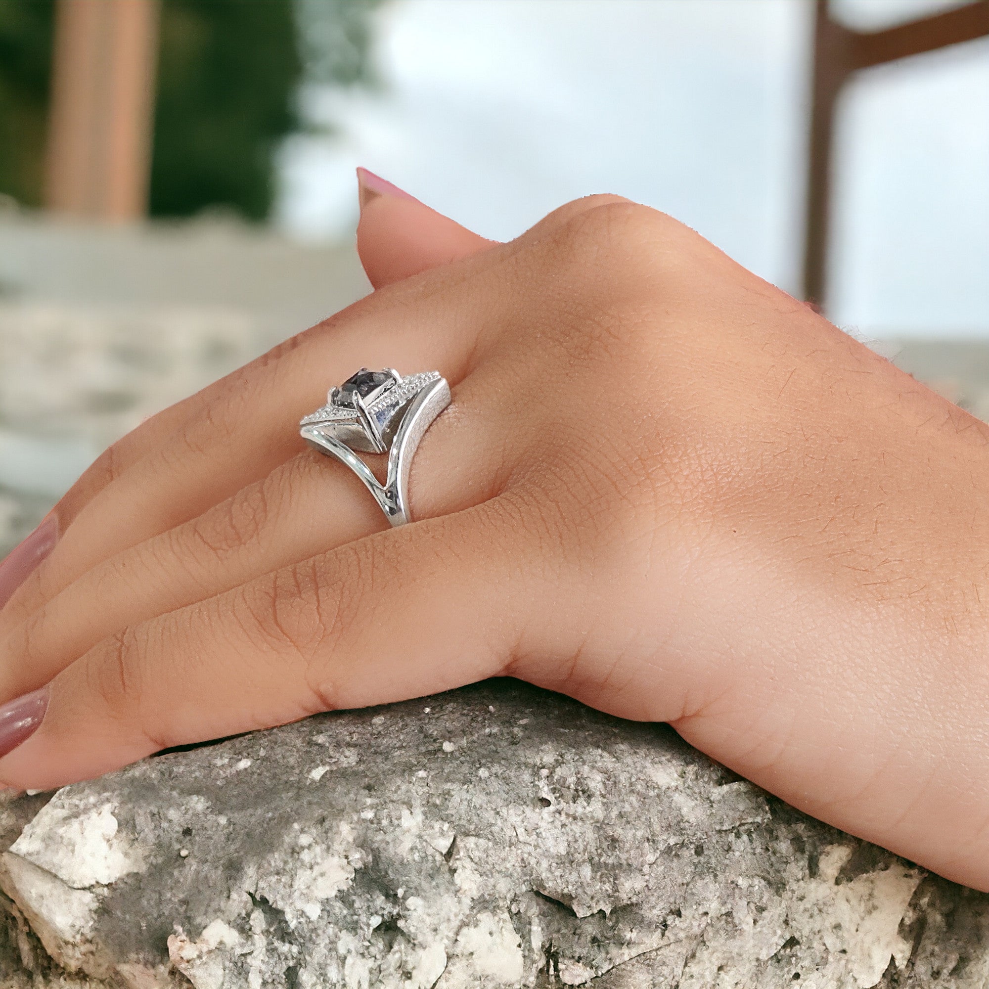 Kite Shape Salt And Pepper Diamond Ring 0.82 Ct 7.05 MM Kite Cut Diamond Ring 14K Solid White Gold Silver Engagement Ring Spilt Ring QN1650