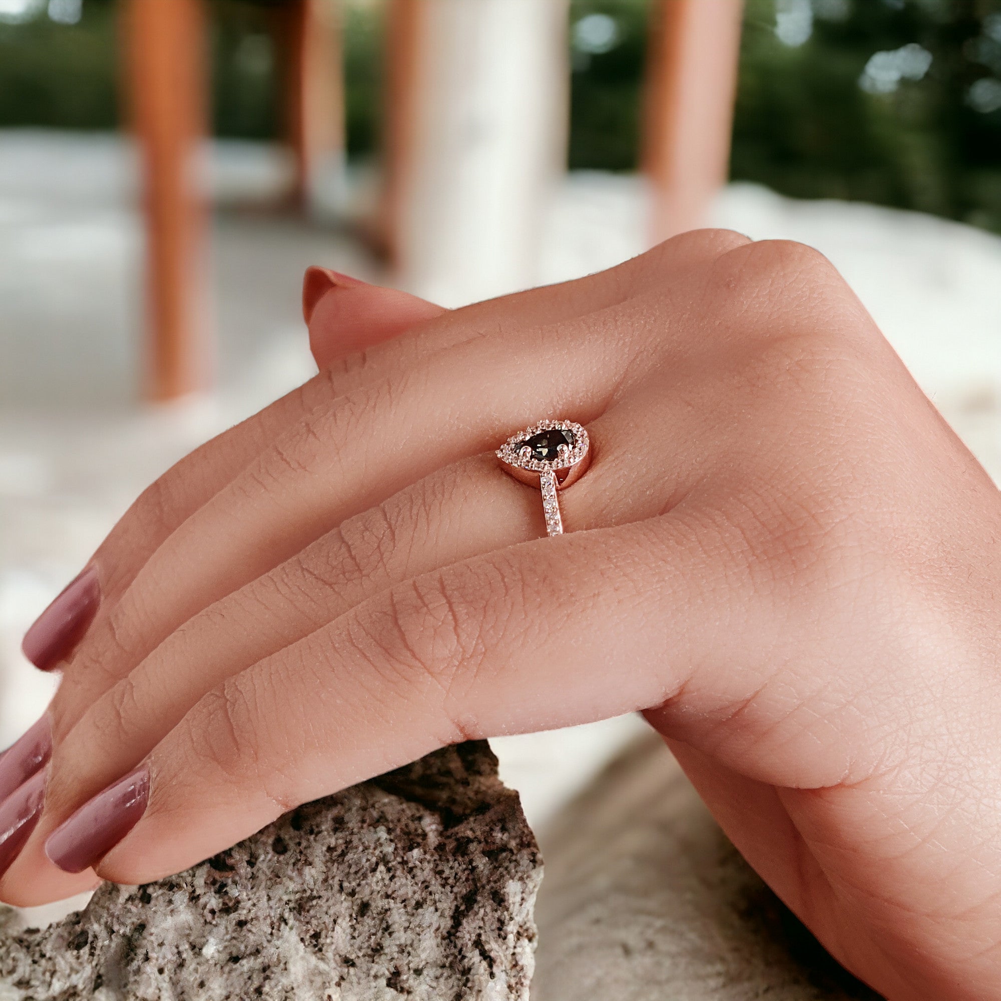 Pear Cut Green Color Diamond Ring 0.37 Ct 5.45 MM Pear Shape Diamond Ring 14K Solid Rose Gold Silver Engagement Ring Gift For Her QL5135