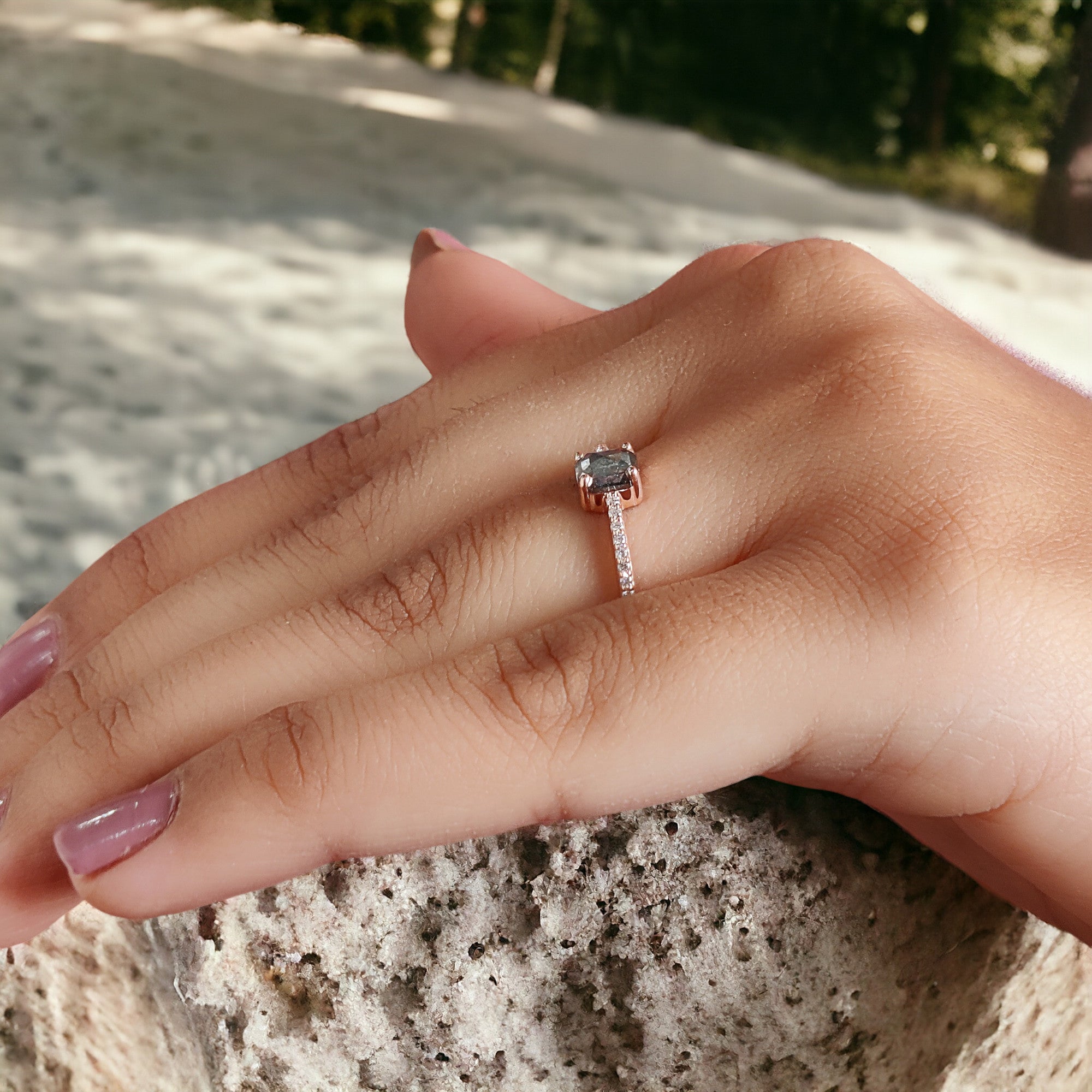 Emerald Cut Salt And Pepper Diamond Ring 0.50 Ct 5.10 MM Emerald Diamond Ring 14K Solid Rose Gold Silver Engagement Ring Gift For Her QL6484