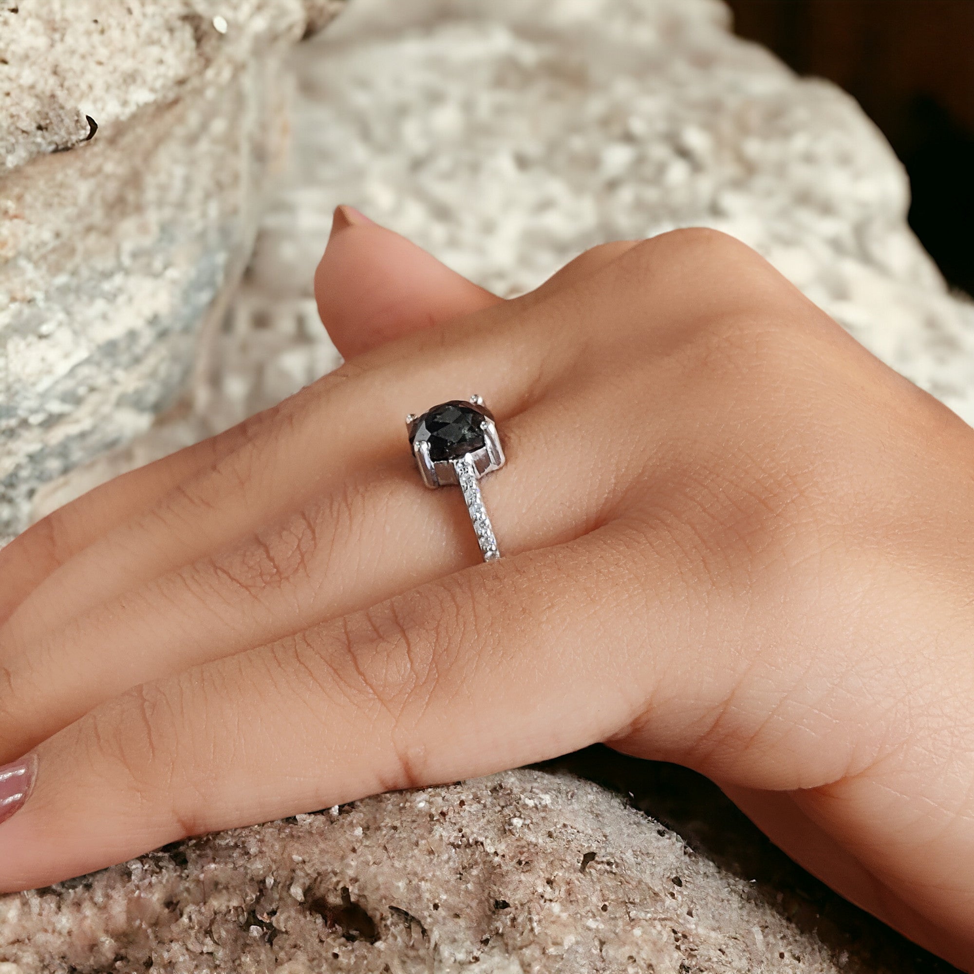 Oval Cut Salt And Pepper Diamond Ring 1.95 Ct 7.50 MM Oval Diamond Ring 14K Solid White Gold Silver Oval Engagement Ring Gift For Her QN9093