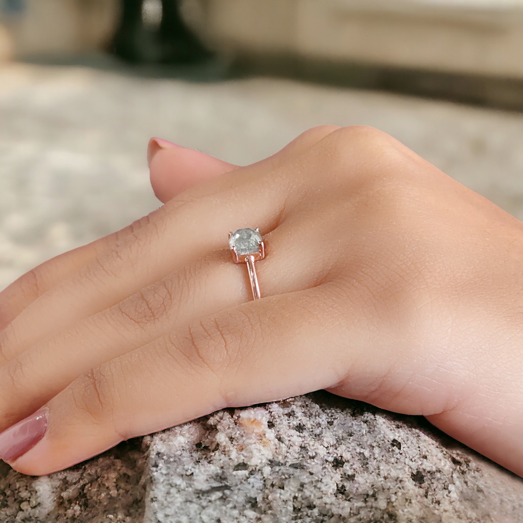 Cushion Cut Salt And Pepper Diamond Ring 1.03 Ct 5.60 MM Cushion Diamond Ring 14K Solid Rose Gold Silver Engagement Ring Gift For Her QN9217