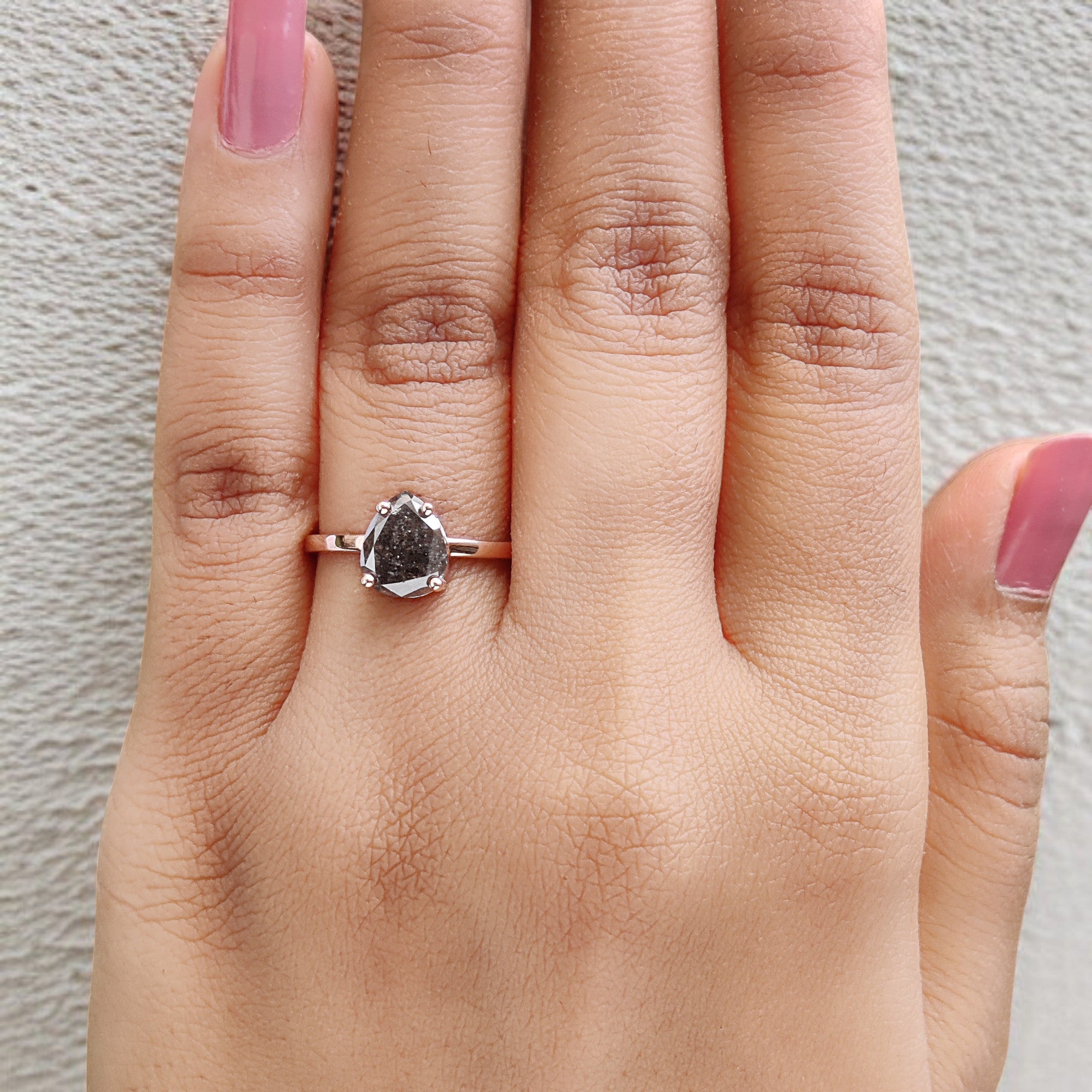 Pear Cut Salt And Pepper Diamond Ring 1.58 Ct 8.45 MM Pear Diamond Ring 14K Solid Rose Gold Silver Engagement Pear Ring Gift For Her QL1666