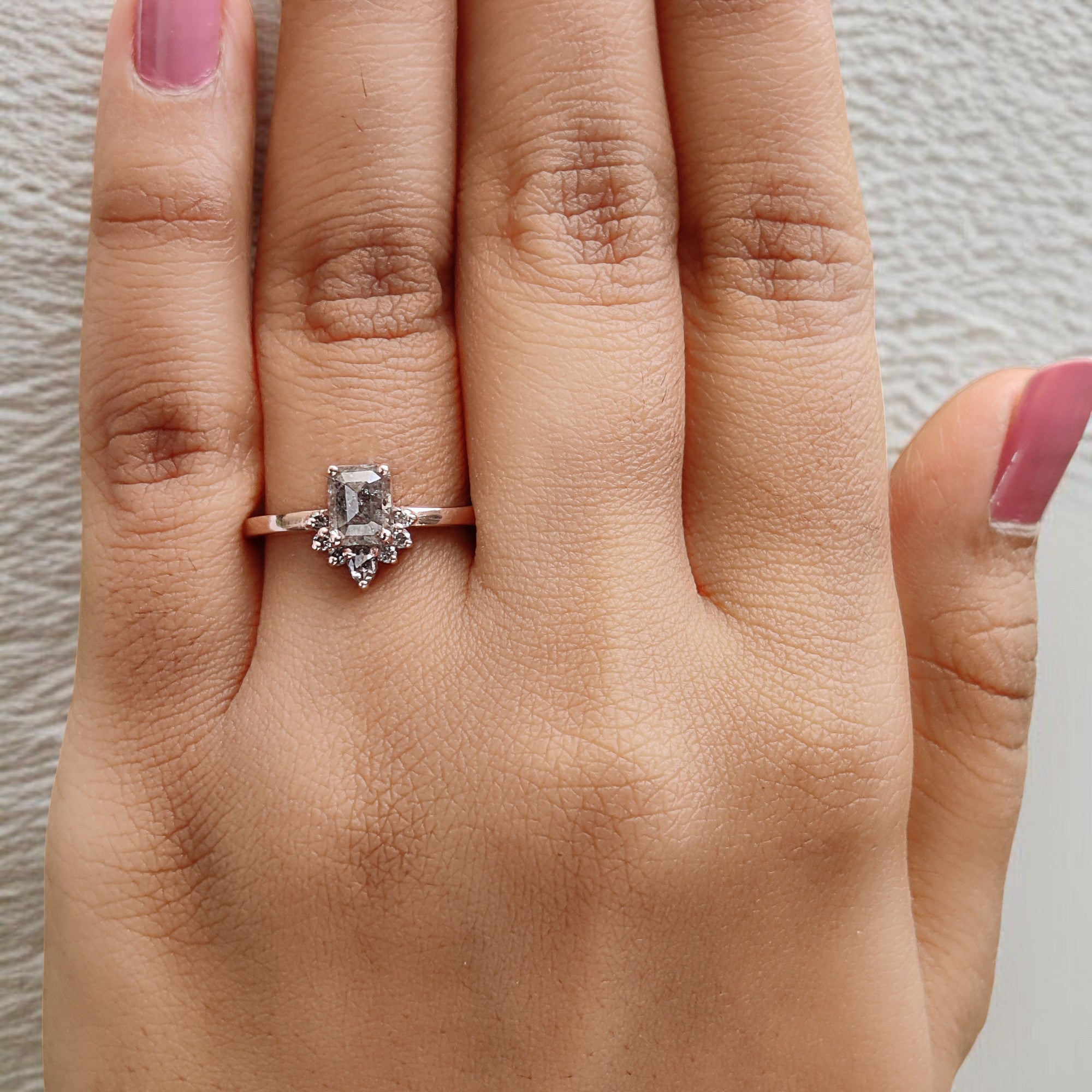 Emerald Salt And Pepper Diamond Ring 0.89 Ct 6.00 MM Emerald Diamond Ring 14K Solid Rose Gold Silver Engagement Ring Gift For Her QL020