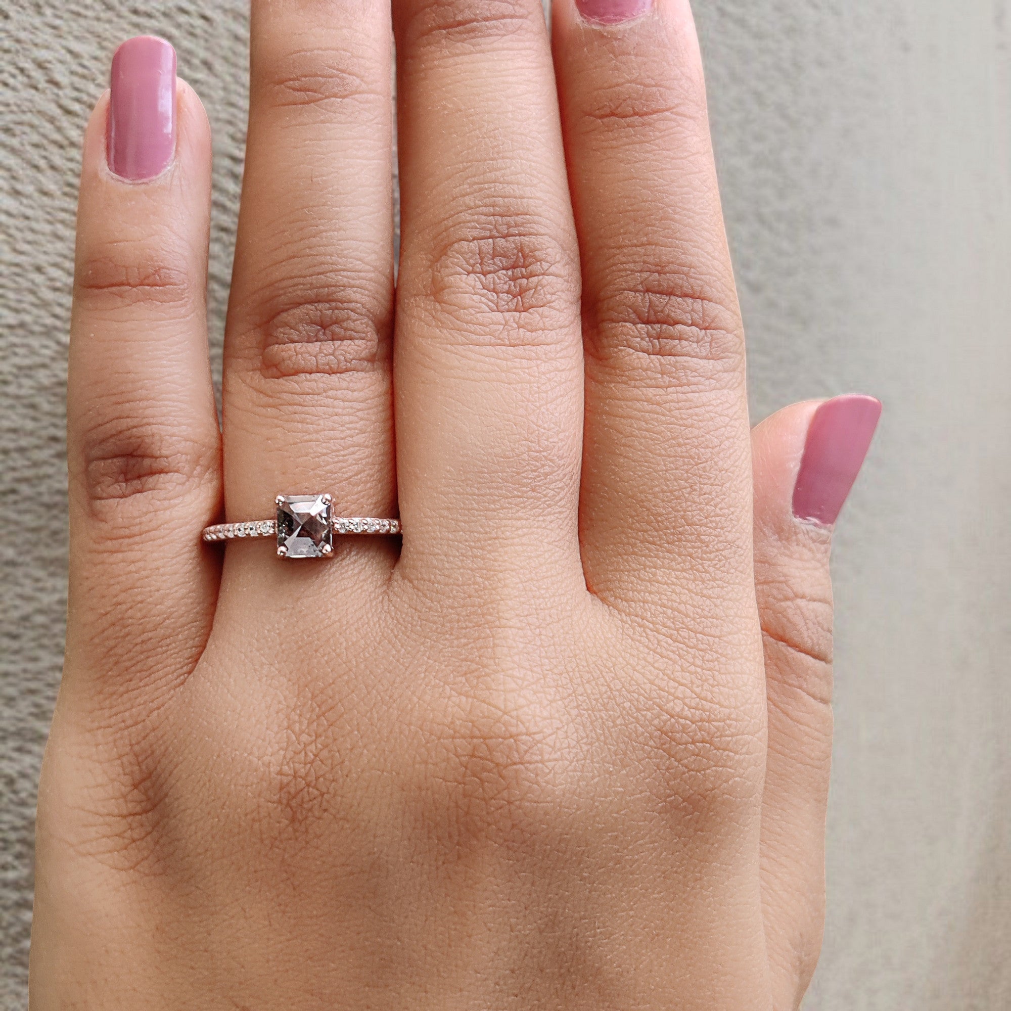 Emerald Cut Salt And Pepper Diamond Ring 0.87 Ct 5.60 MM Emerald Diamond Ring 14K Solid Rose Gold Silver Engagement Ring Gift For Her QL9510