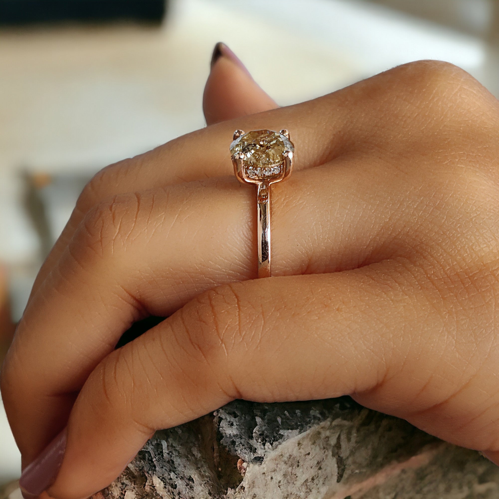 Round Cut Brown Color Diamond Ring 2.01 Ct 7.85 MM Round Shape Diamond Ring 14K Solid Rose Gold Silver Engagement Ring Gift For Her QL405